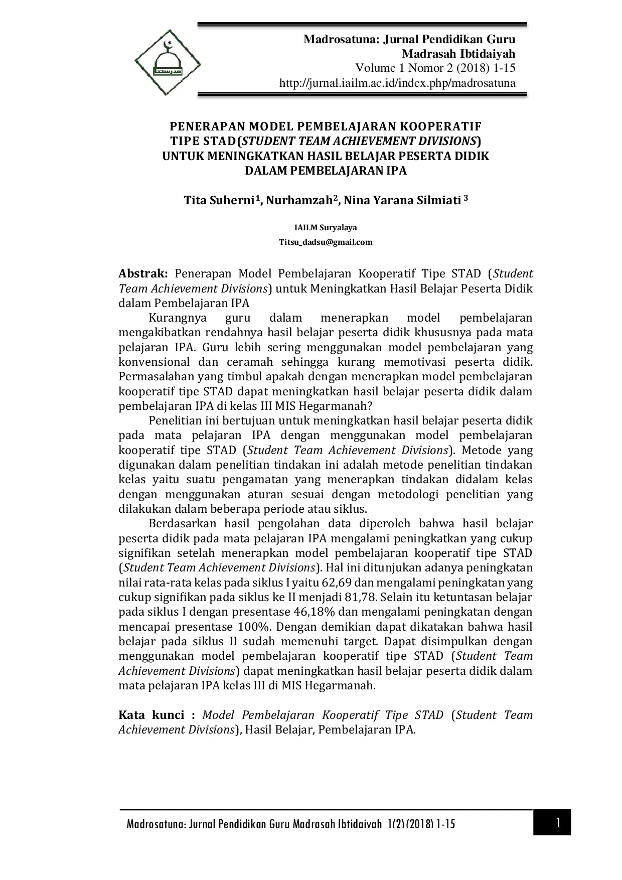 JURIS Penerapan Model Pembelajaran Kooperatif Tipe Stad Student Team Achievement Divisions Untuk Meningkatkan Hasil Belajar Peserta Didik Dalam Pembelajaran Ipa