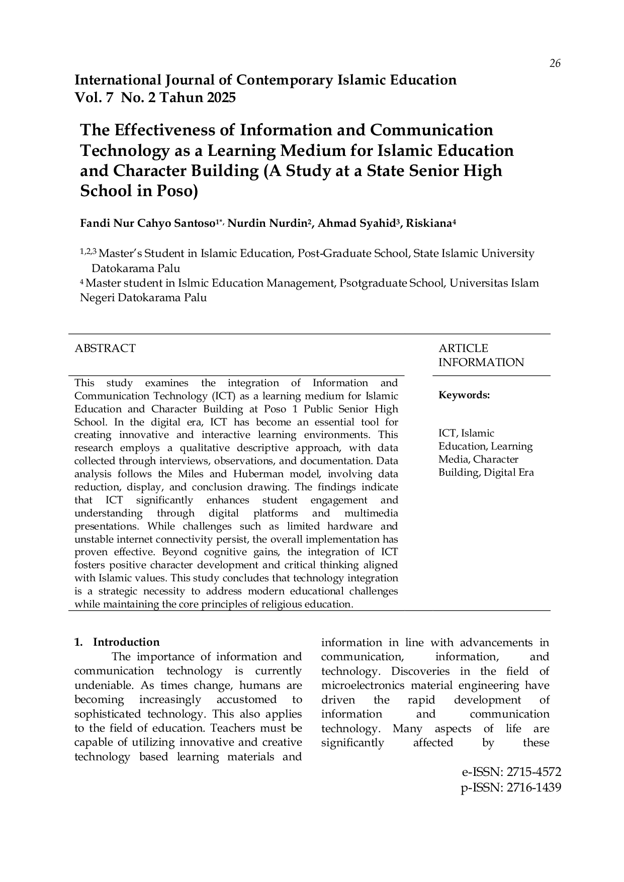 JURIS The Effectiveness of Information and Communication Technology as a Learning Medium for Islamic Education and Character Building A Study at a State Senior High School in Poso