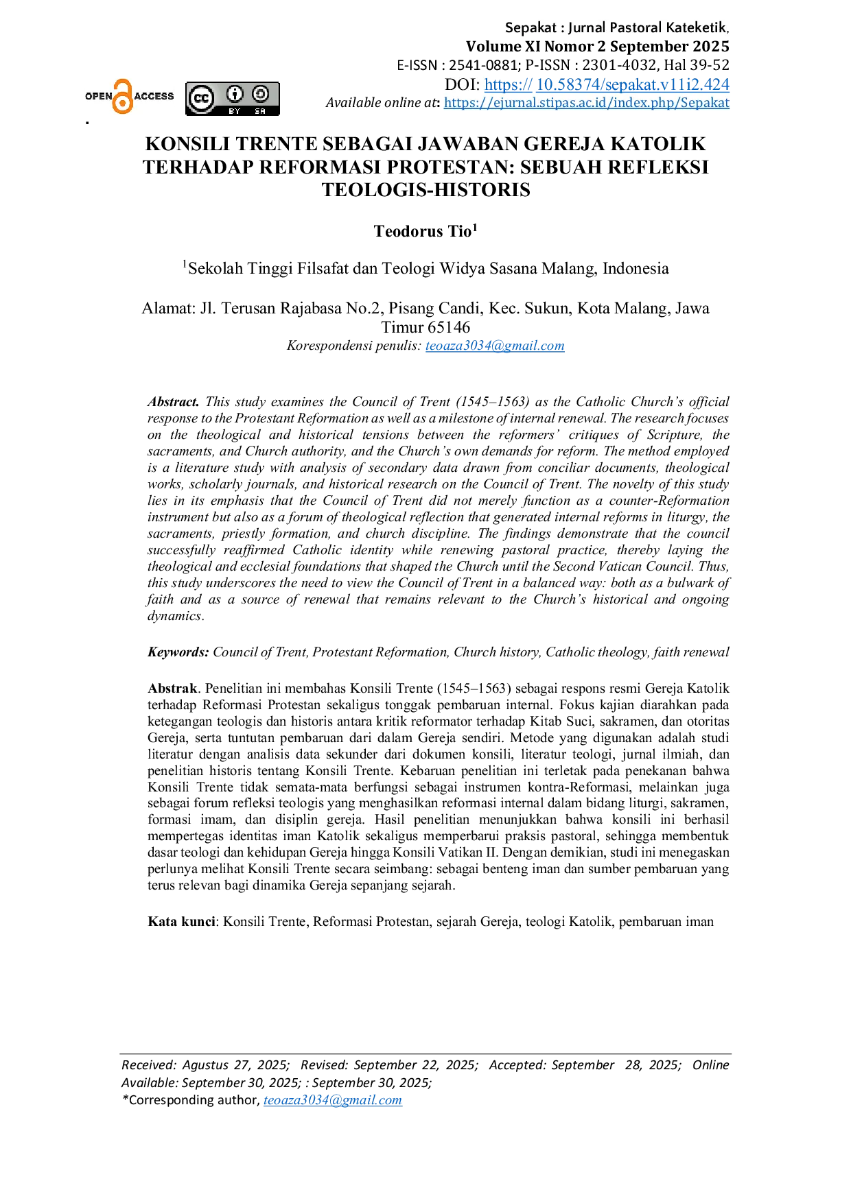JURIS Konsili Trente Sebagai Jawaban Gereja Katolik Terhadap Reformasi Protestan Sebuah Refeksi Teologis Historis