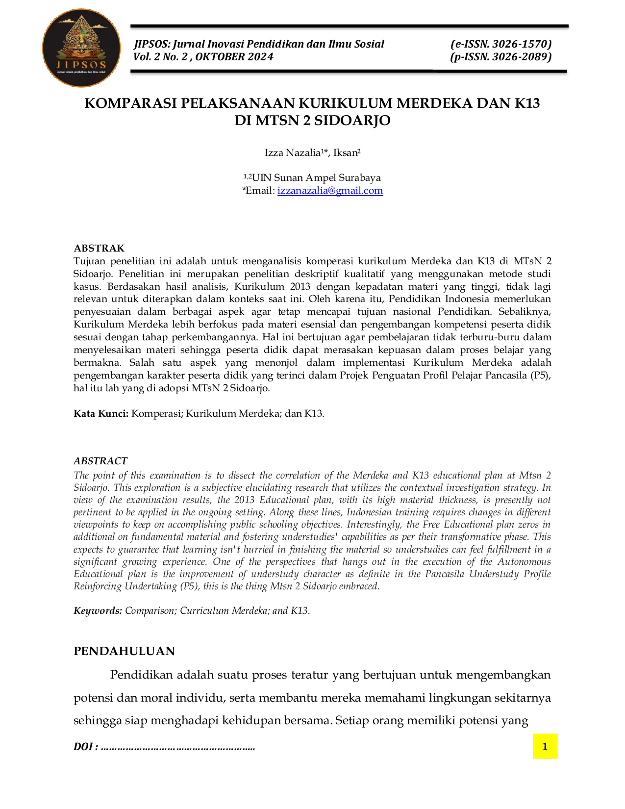 JURIS Komparasi Pelaksanaan Kurikulum Merdeka Dan K13 Di MTsN 2 Sidoarjo