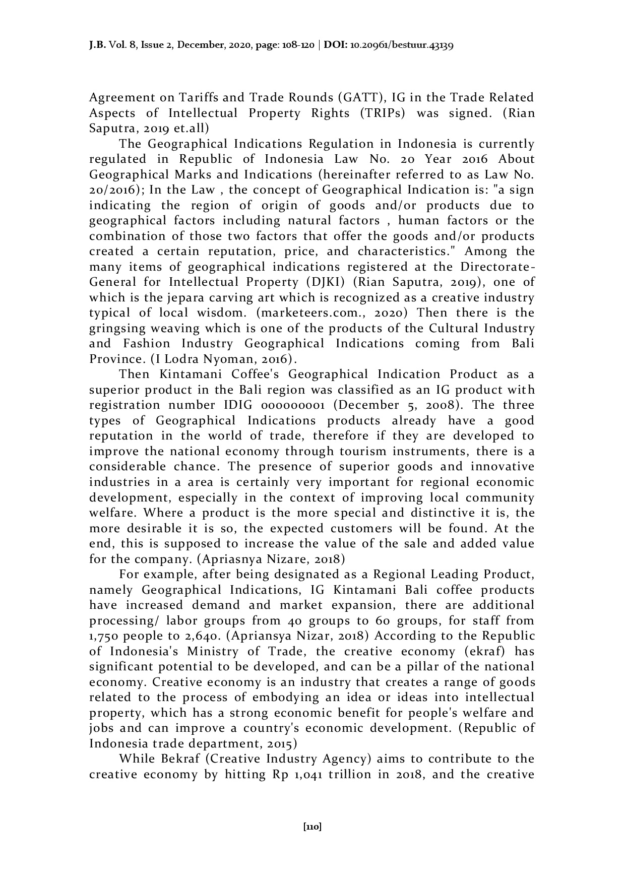 juris Development of Creative Industries as Regional Leaders in National Tourism Efforts Based on Geographical Indications