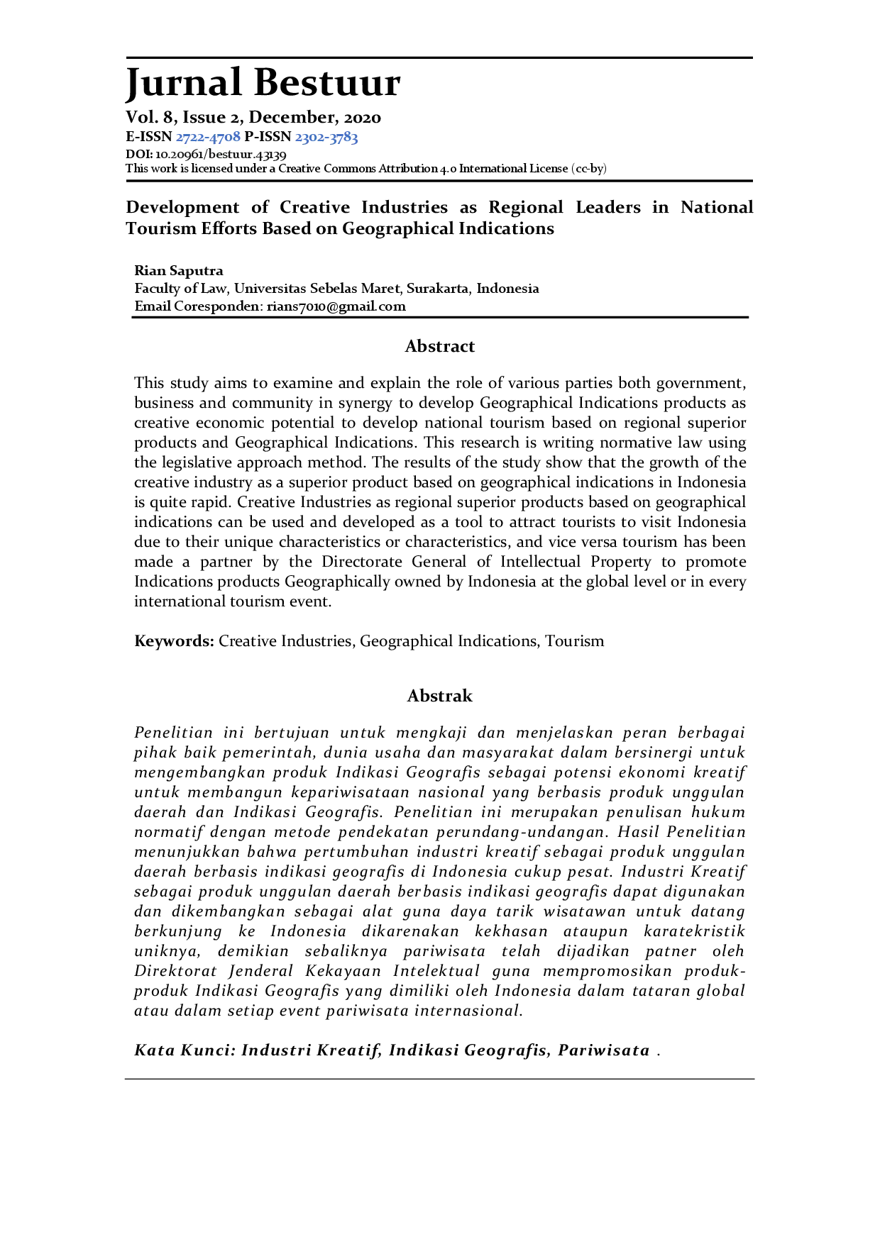 juris Development of Creative Industries as Regional Leaders in National Tourism Efforts Based on Geographical Indications