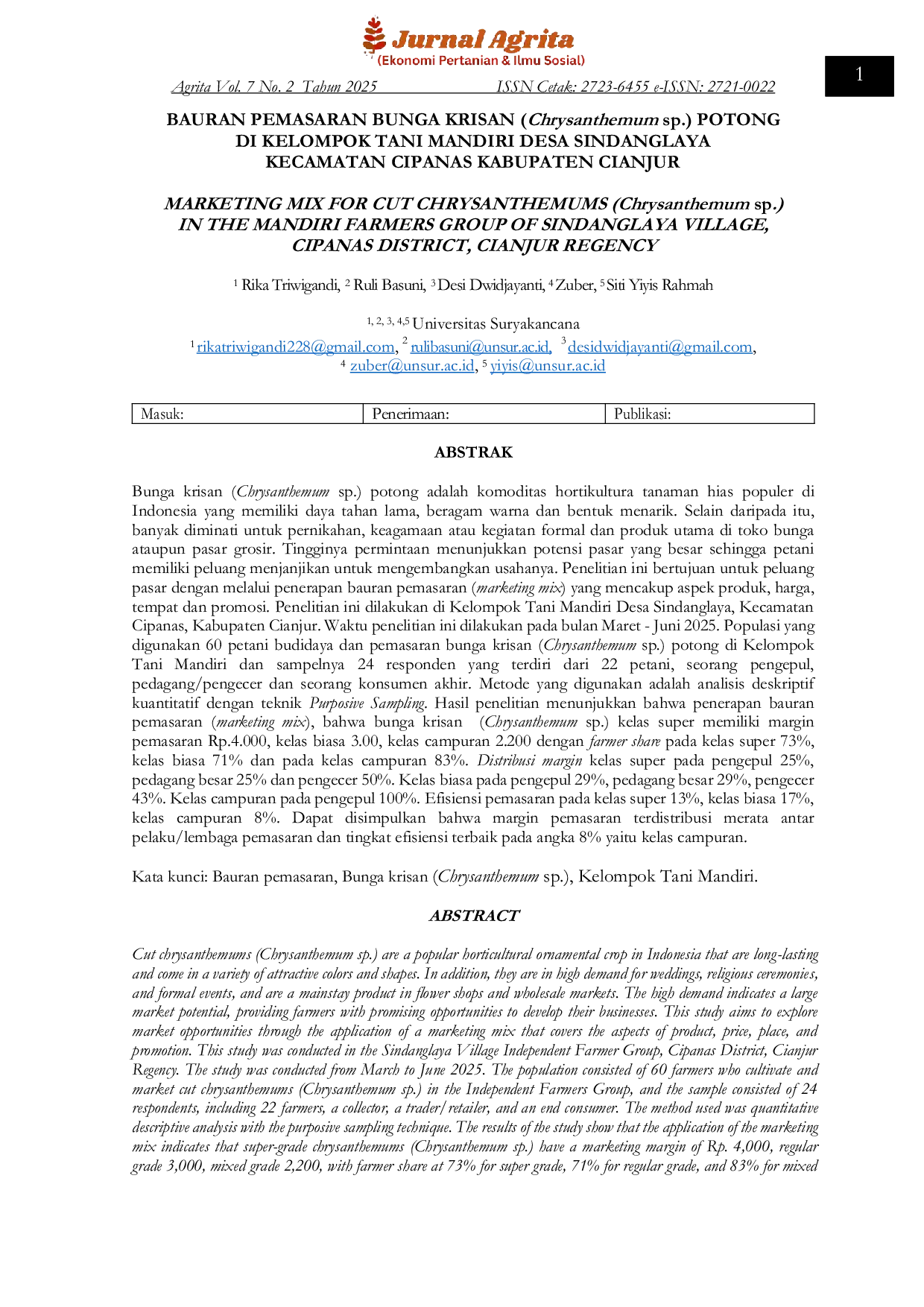 JURIS BAURAN PEMASARAN BUNGA KRISAN Chrysanthemum sp POTONG DI KELOMPOK TANI MANDIRI DESA SINDANGLAYA KECAMATAN CIPANAS KABUPATEN CIANJUR