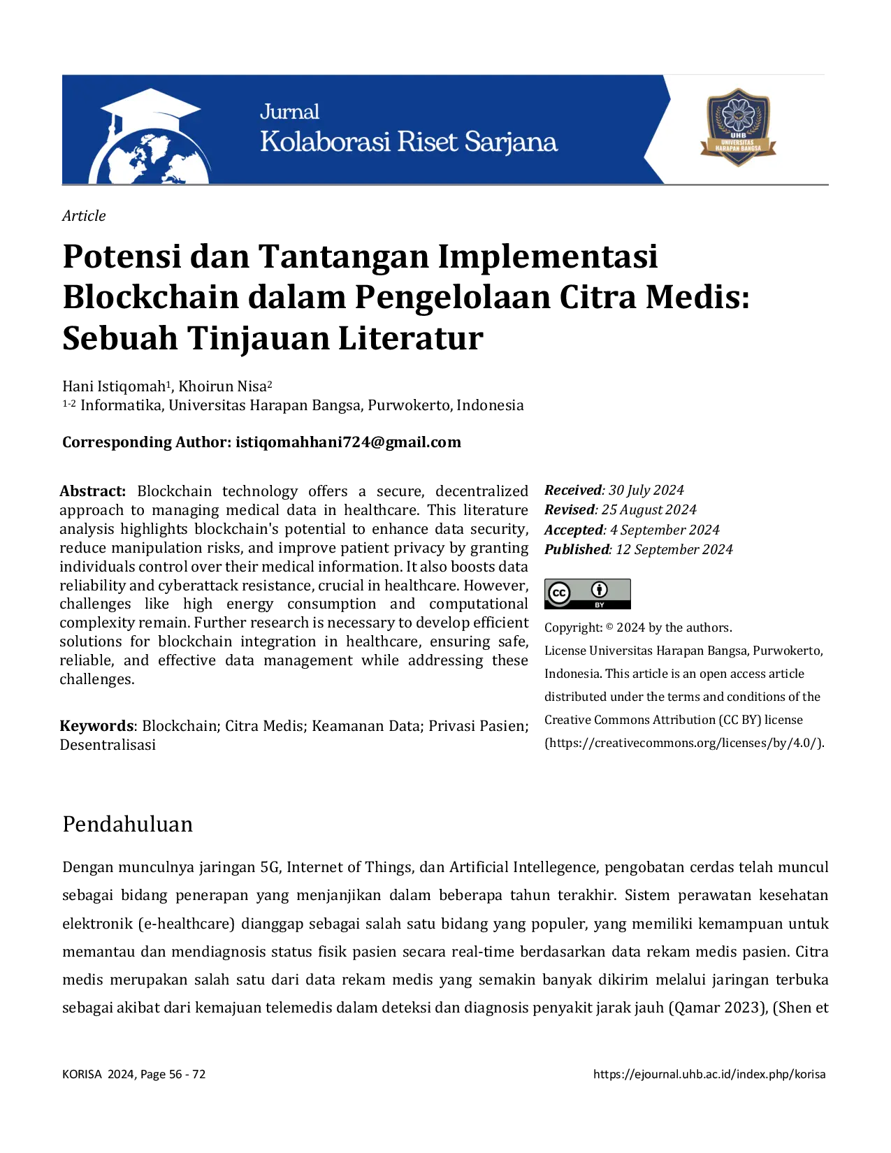 JURIS Potensi dan Tantangan Implementasi Blockchain dalam Pengelolaan Citra Medis Sebuah Tinjauan Literatur