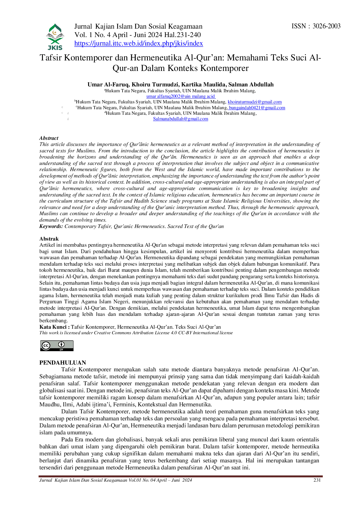 JURIS Tafsir Kontemporer dan Hermeneutika Al Qur an Memahami Teks Suci Al Qur an Dalam Konteks Kontemporer