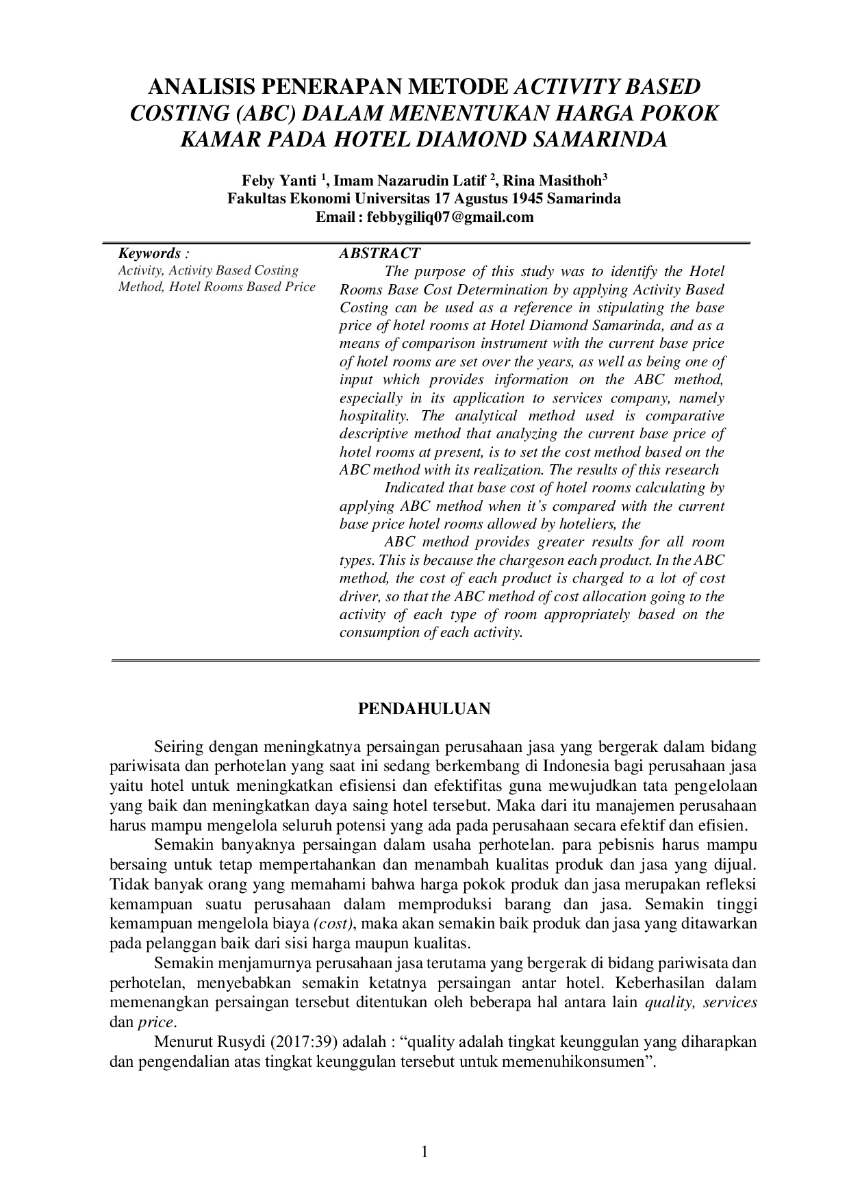 JURIS Analisis Penerapan Metode Activity Based Costing ABC dalam Menentukan Harga Pokok Kamar pada Hotel Diamond Samarinda