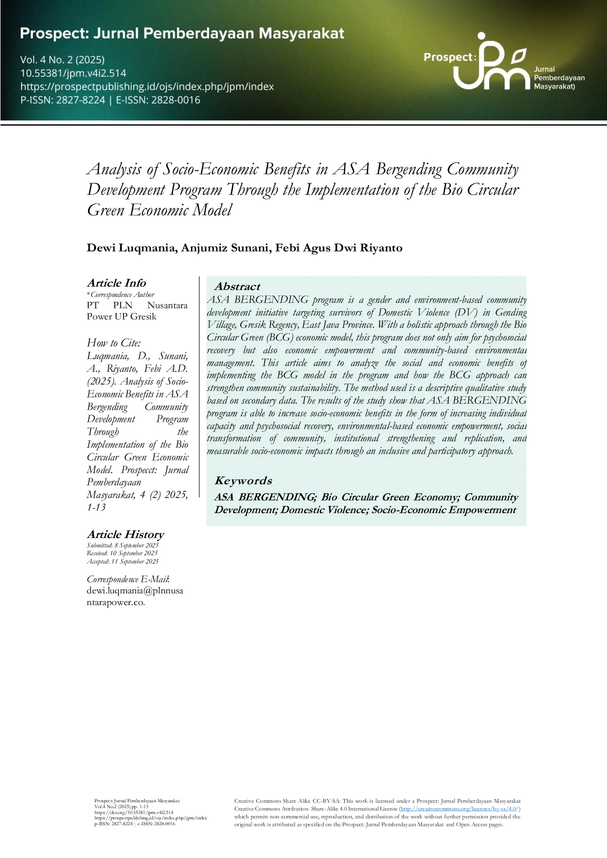 JURIS Analysis of Socio Economic Benefits in ASA Bergending Community Development Program Through the Implementation of the Bio Circular Green Economic Model