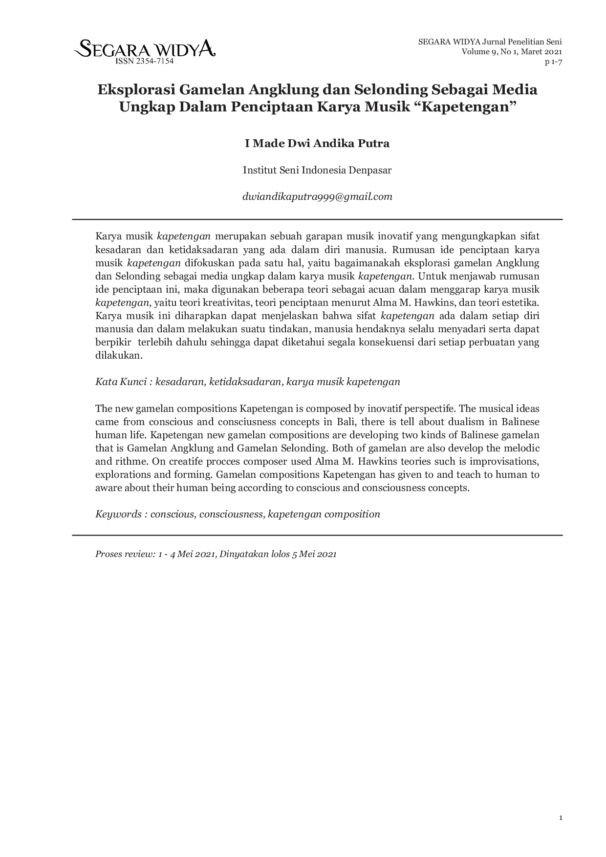 JURIS Eksplorasi Gamelan Angklung dan Selonding Sebagai Media Ungkap Dalam Penciptaan Karya Musik Kapetengan Ay