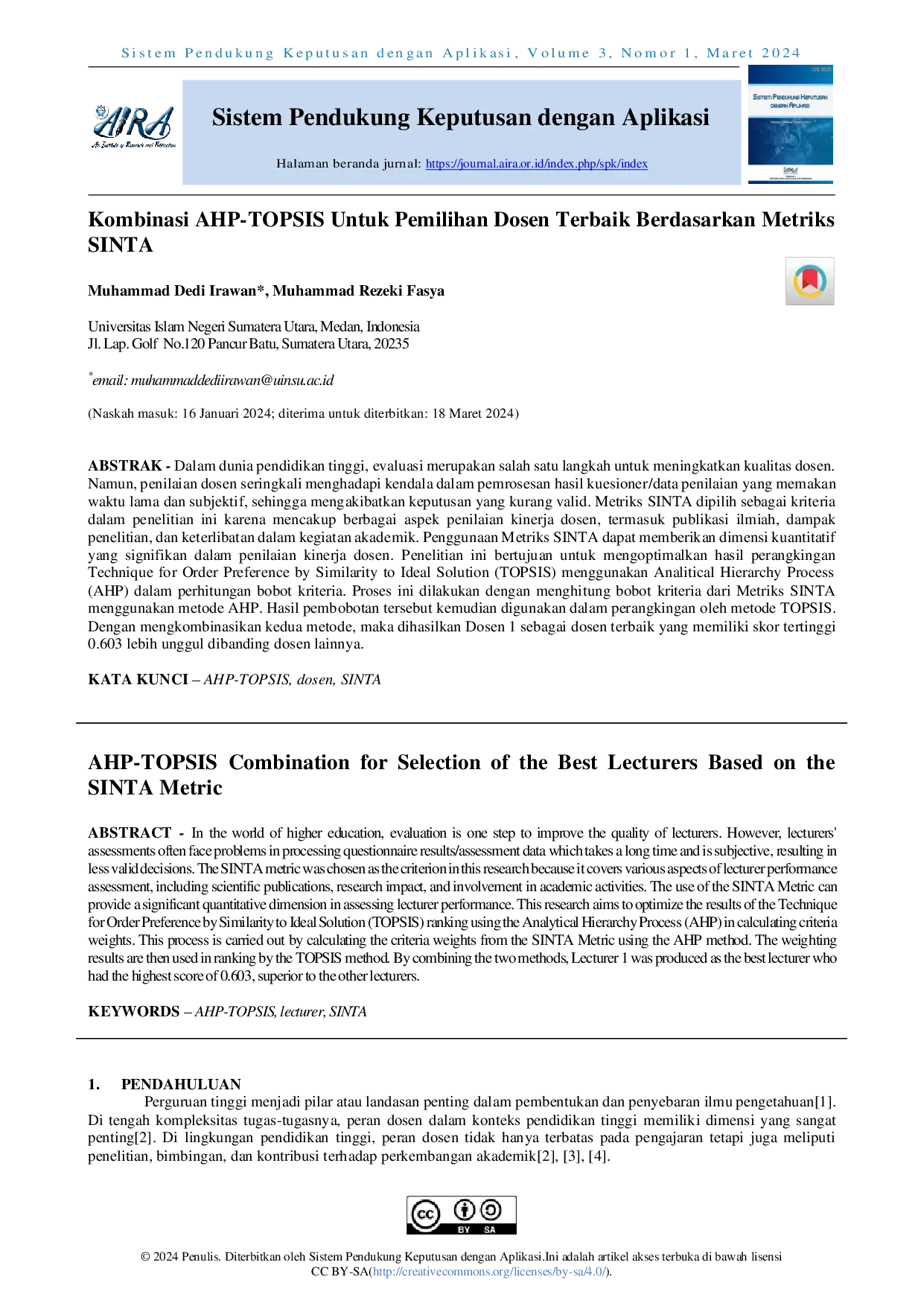 juris AHP TOPSIS Combination for Best Lecturer Selection Based on SINTA Metrics