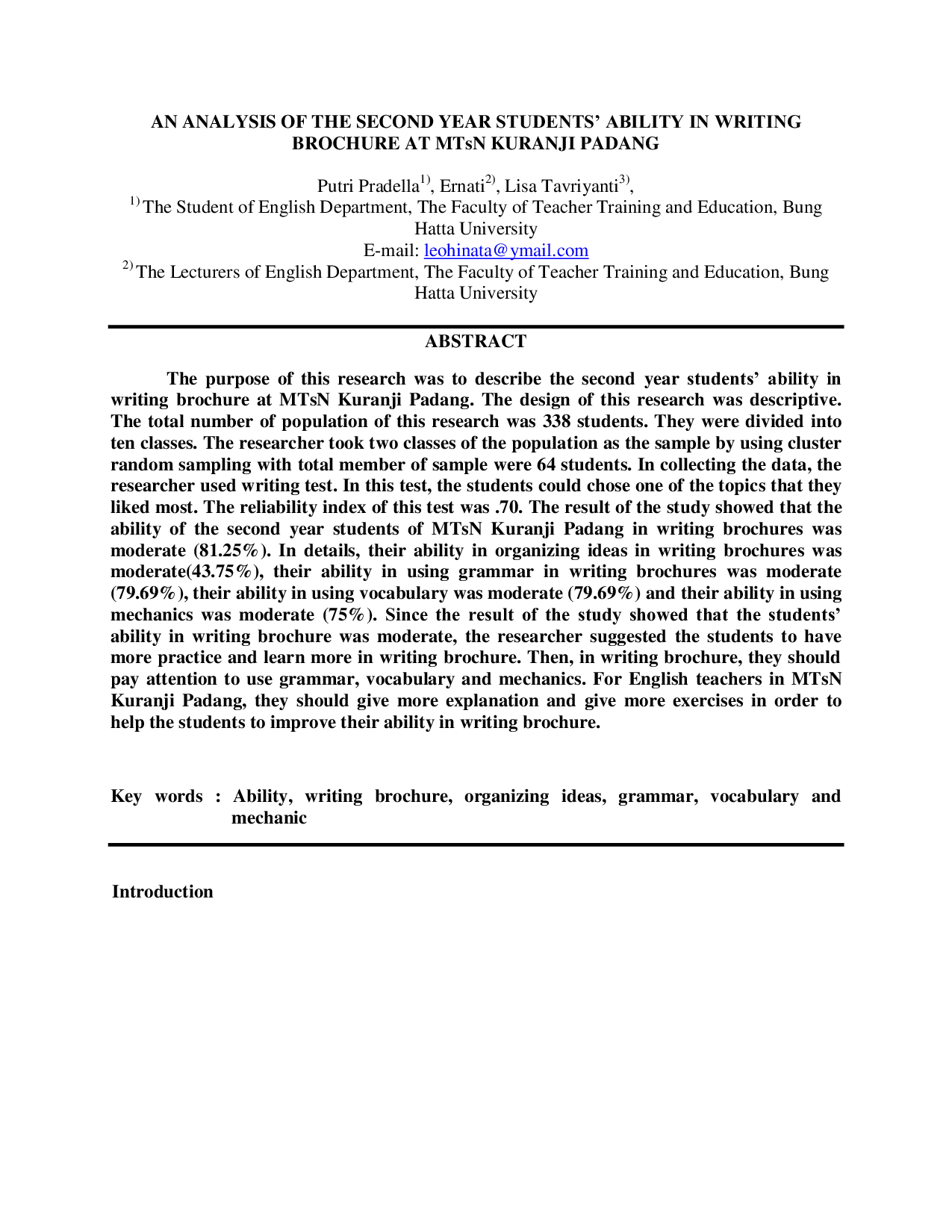 JURIS AN ANALYSIS OF THE SECOND YEAR STUDENTS ABILITY IN WRITING BROCHURE AT MTsN KURANJI PADANG