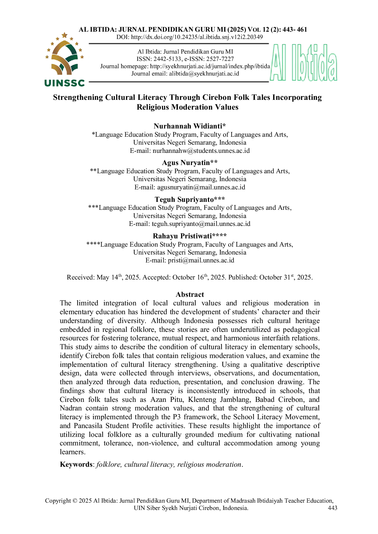 JURIS Strengthening Cultural Literacy Through Cirebon Folk Tales Incorporating Religious Moderation Values