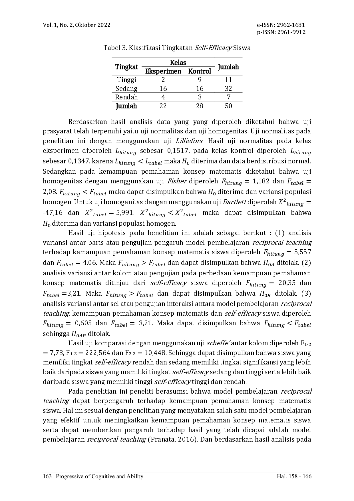 juris Pengaruh Model Reciprocal Teaching terhadap Pemahaman Konsep Matematis Siswa Ditinjau dari Self Efficacy