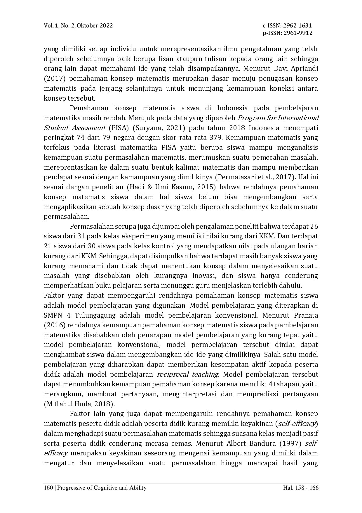 juris Pengaruh Model Reciprocal Teaching terhadap Pemahaman Konsep Matematis Siswa Ditinjau dari Self Efficacy
