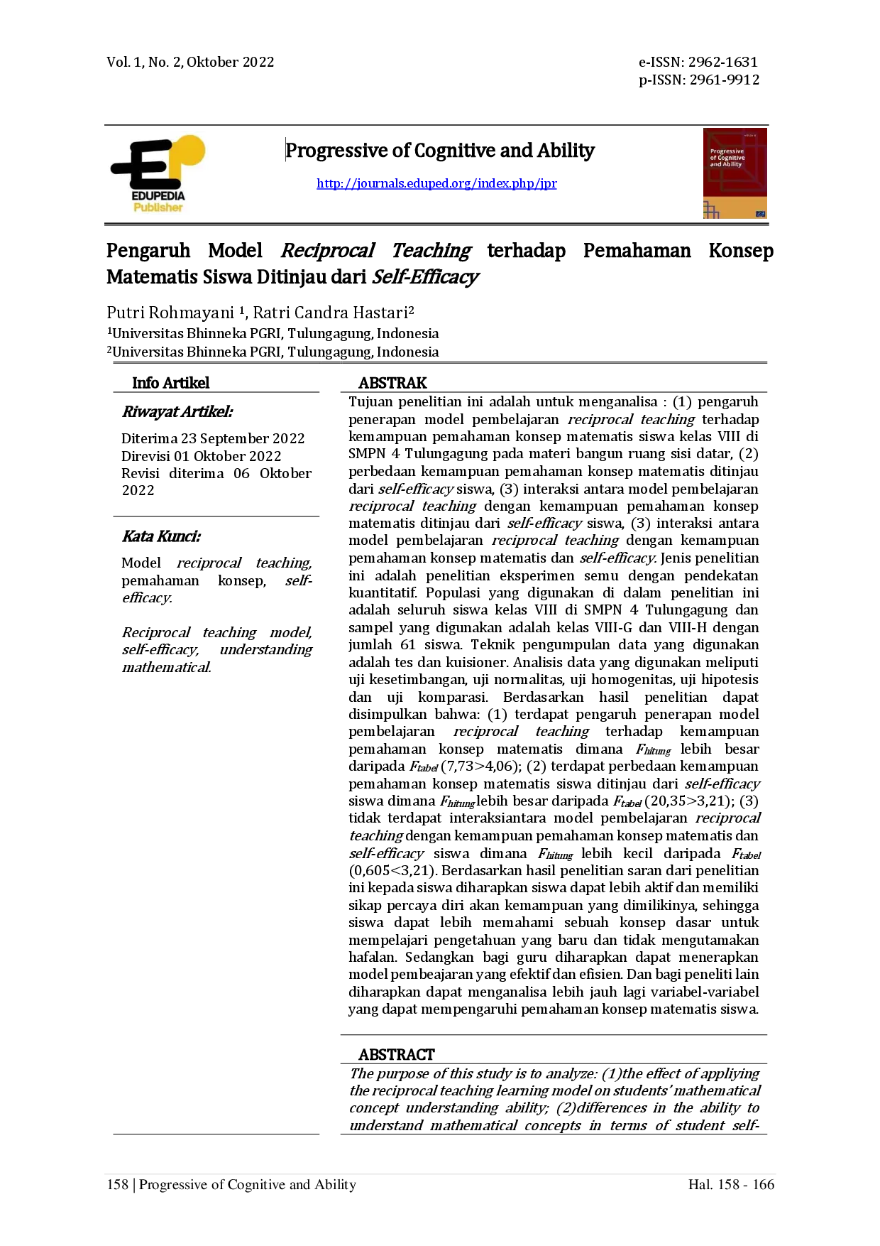 juris Pengaruh Model Reciprocal Teaching terhadap Pemahaman Konsep Matematis Siswa Ditinjau dari Self Efficacy