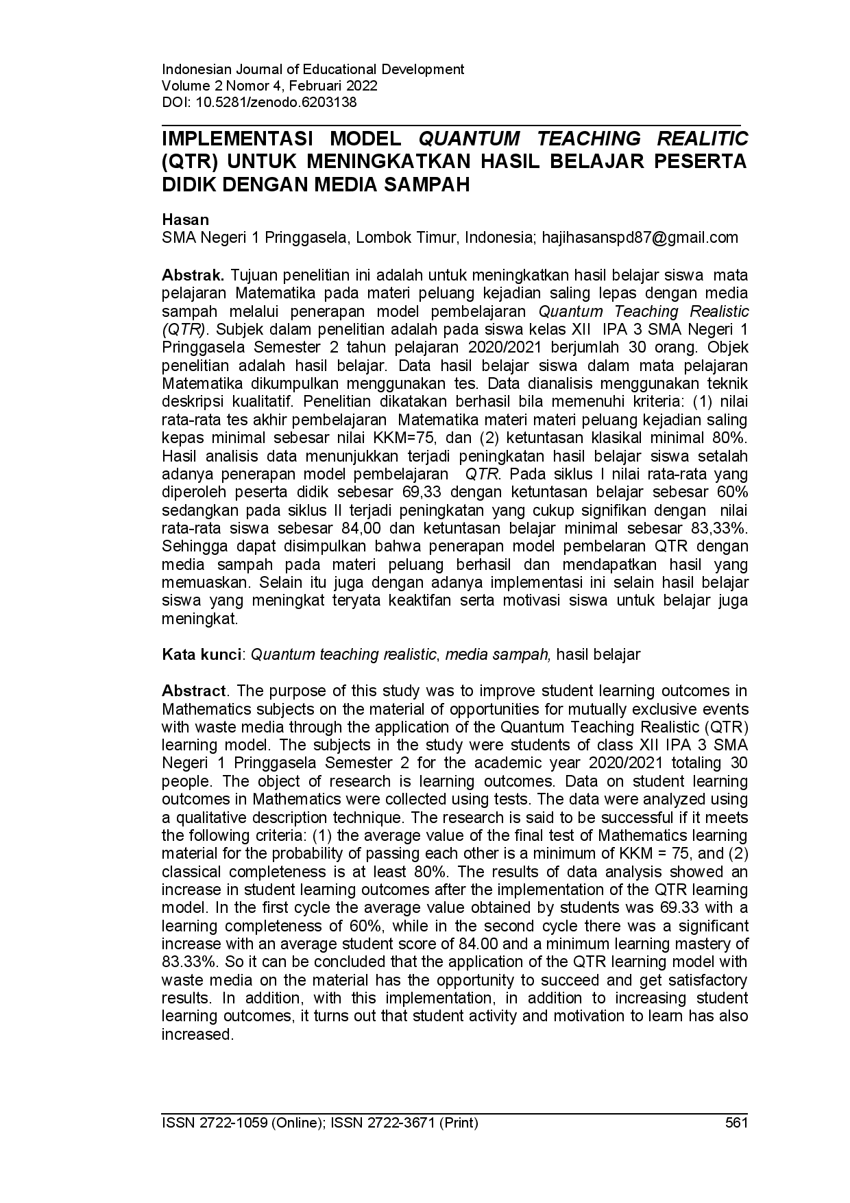 juris Implementasi model quantum teaching realitic QTR untuk meningkatkan hasil belajar peserta didik dengan media sampah