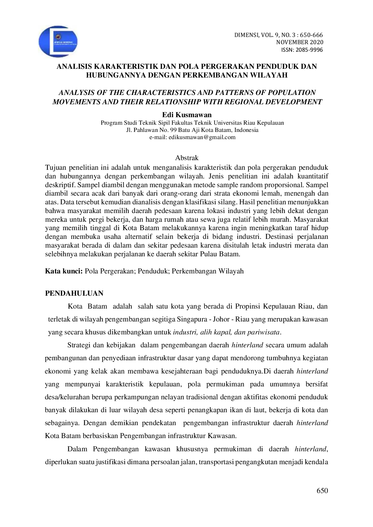 JURIS Analisis Karakteristik Dan Pola Pergerakan Penduduk Dan Hubungannya Dengan Perkembangan Wilayah