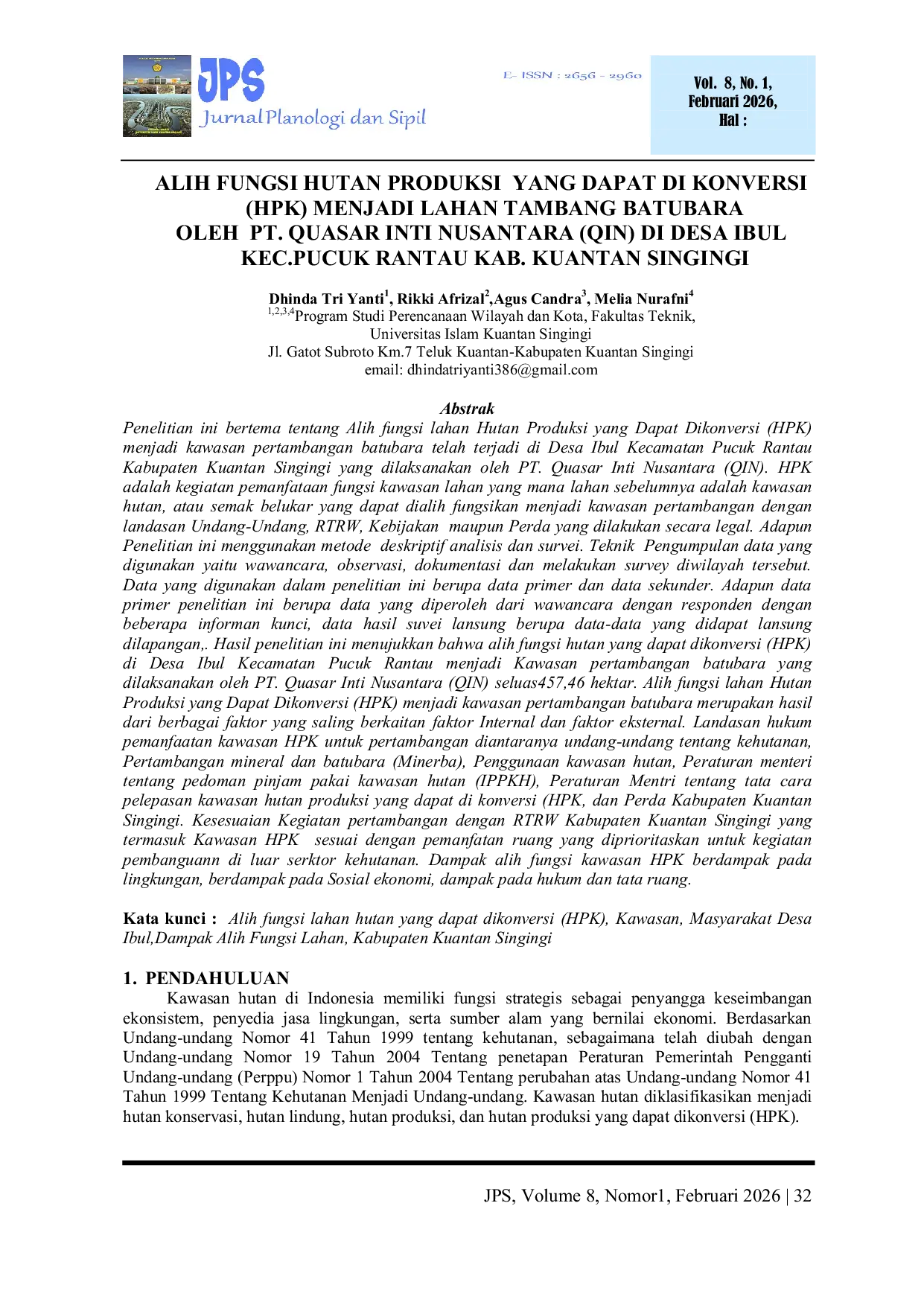 JURIS Aliah Fungsi Hutan Produksi Yang Dapat Di Konversi HPK Menjadi Lahan Tambang Batubara Oleh PT Quasar Inti Nusantara QIN Di Desa Ibul Kec Pucuk Rantau Kab Kuantan Singingi