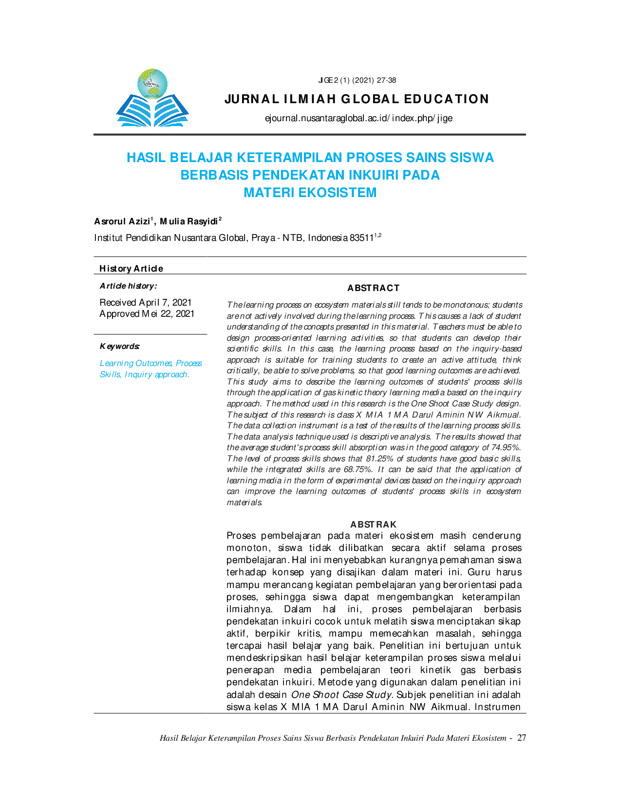 juris Hasil Belajar Keterampilan Proses Sains Siswa Berbasis Pendekatan Inkuiri Pada Materi Ekosistem