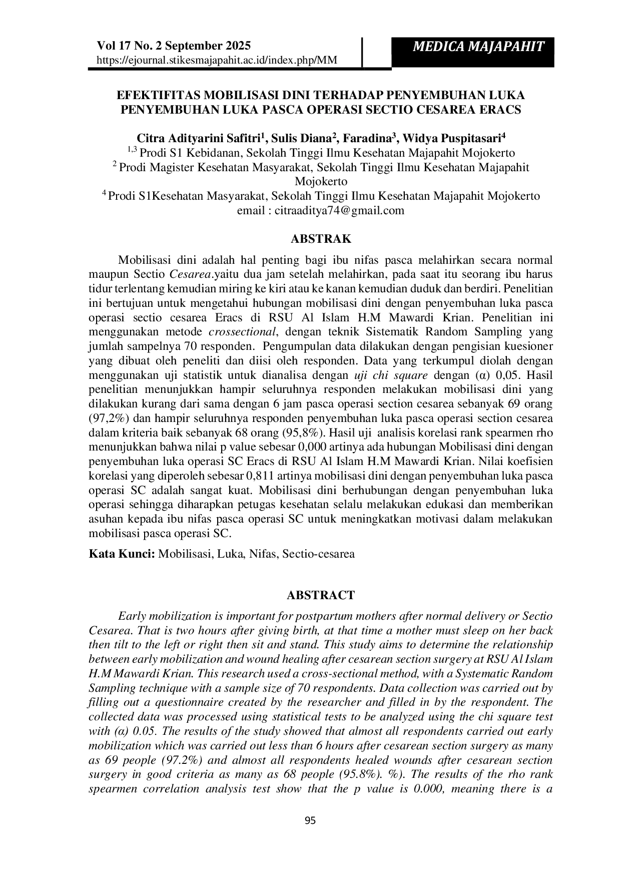 JURIS Efektivitas Mobilisasi Dini Terhadap Penyembuhan Luka Penyembuhan Luka Pasca Operasi Sectio Caesarea Eracs