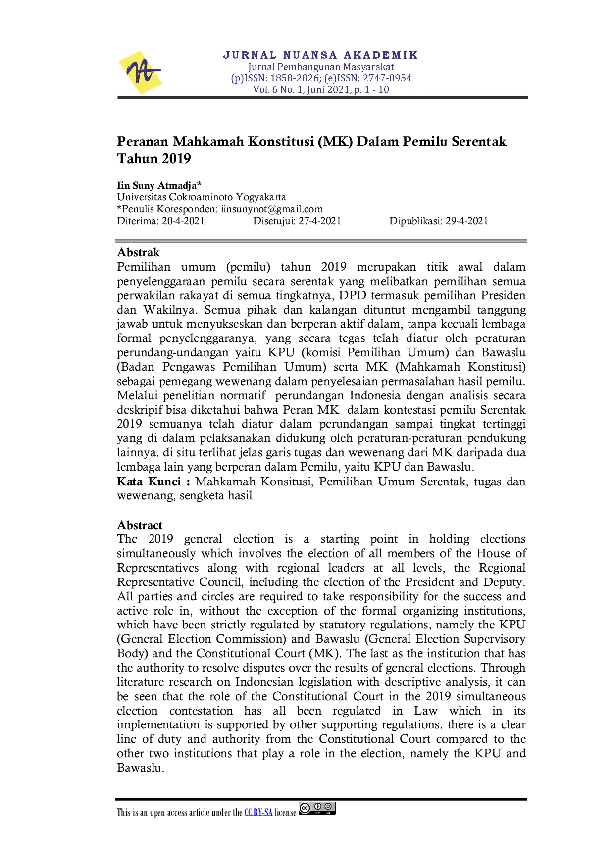 JURIS Peranan Mahkamah Konstitusi MK Dalam Pemilu Serentak Tahun 2019
