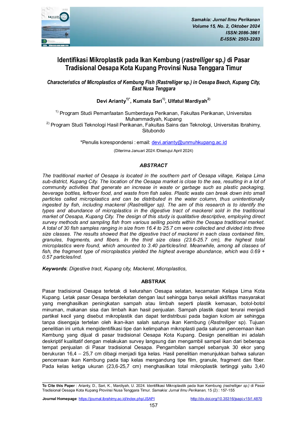 JURIS Identifikasi Mikroplastik Pada Ikan Kembung Rastrelliger Sp Di Pasar Tradisional Oesapa Kota Kupang Provinsi Nusa Tenggara Timur