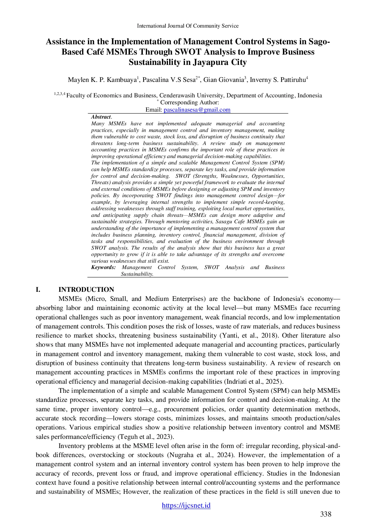JURIS Assistance in the Implementation of Management Control Systems in Sago Based Caf MSMEs Through SWOT Analysis to Improve Business Sustainability in Jayapura City