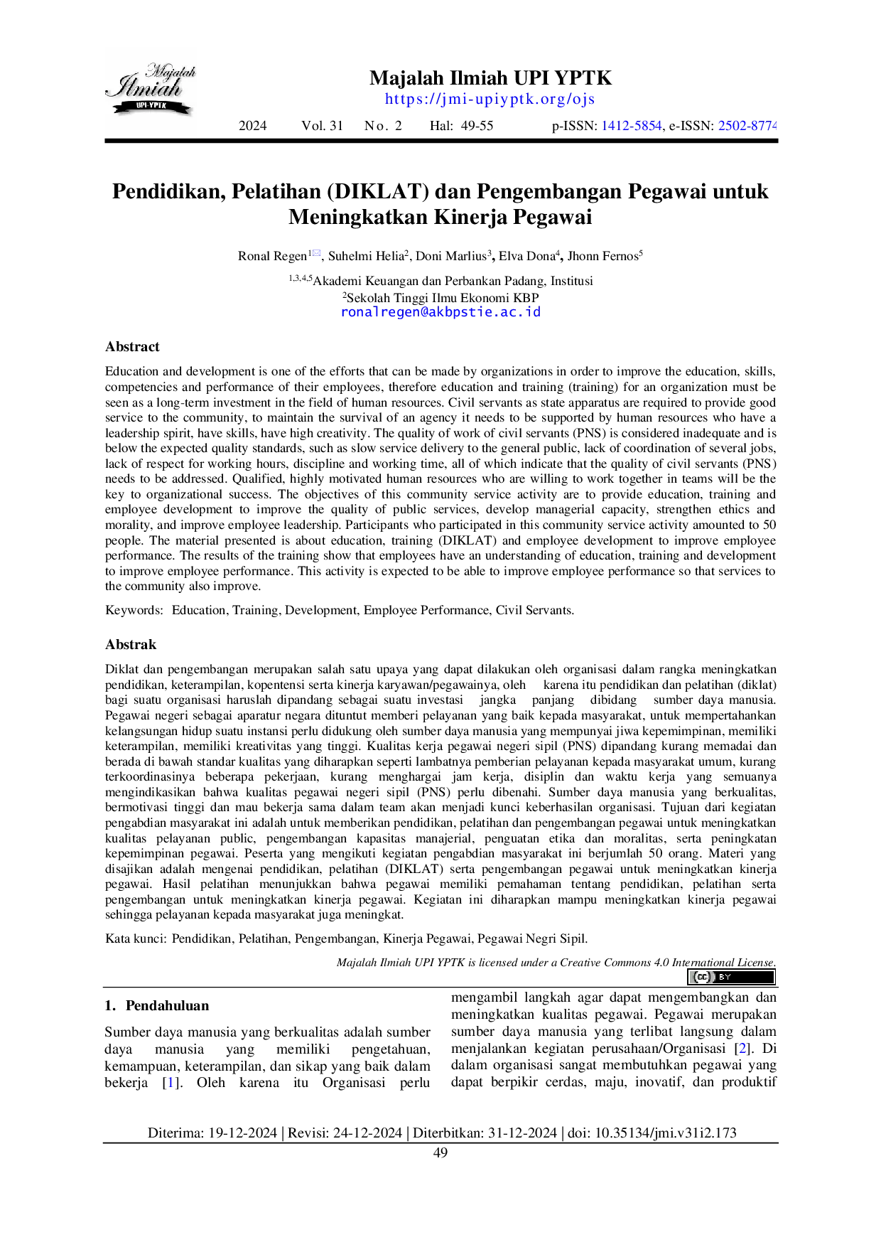 JURIS Pendidikan Pelatihan DIKLAT dan Pengembangan Pegawai untuk Meningkatkan Kinerja Pegawai