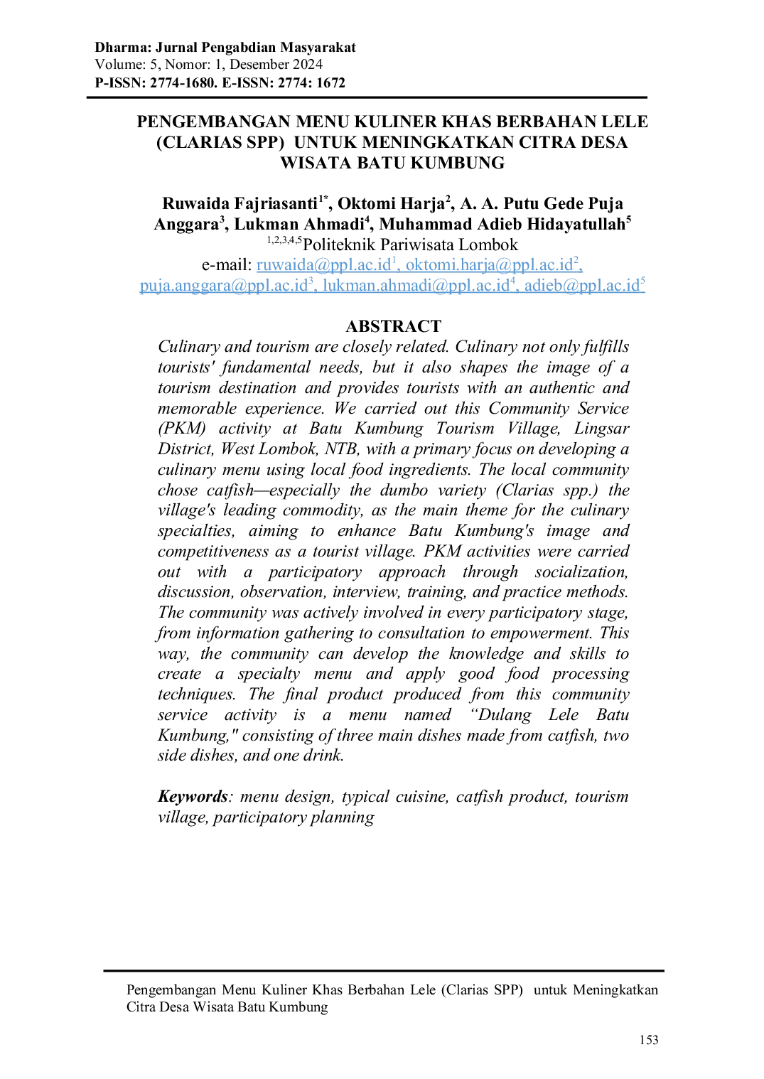 JURIS Pengembangan Menu Kuliner Khas Berbahan Lele Clarias Spp Untuk Meningkatkan Citra Desa Wisata Batu Kumbung