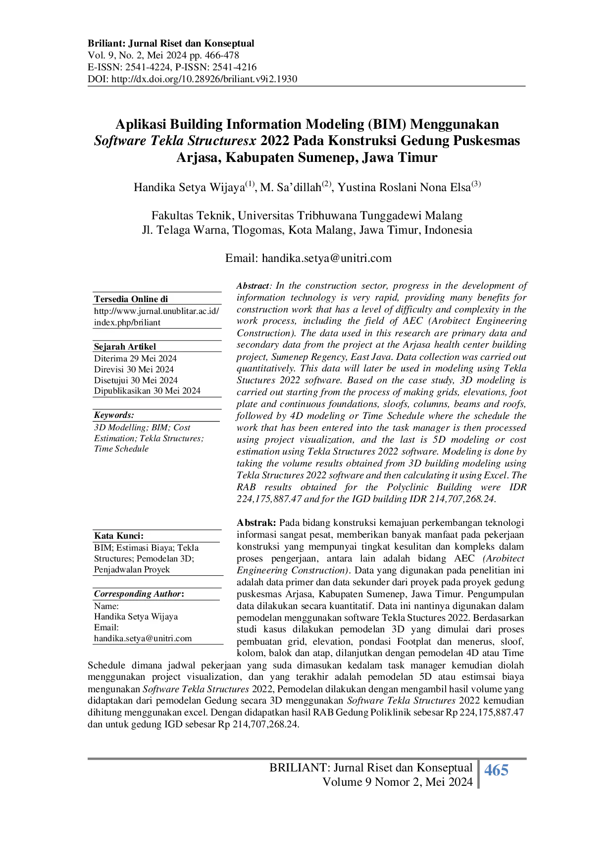 JURIS Aplikasi Building Information Modeling BIM Menggunakan Software Tekla Structuresx 2022 Pada Konstruksi Gedung Puskesmas Arjasa Kabupaten Sumenep Jawa Timur