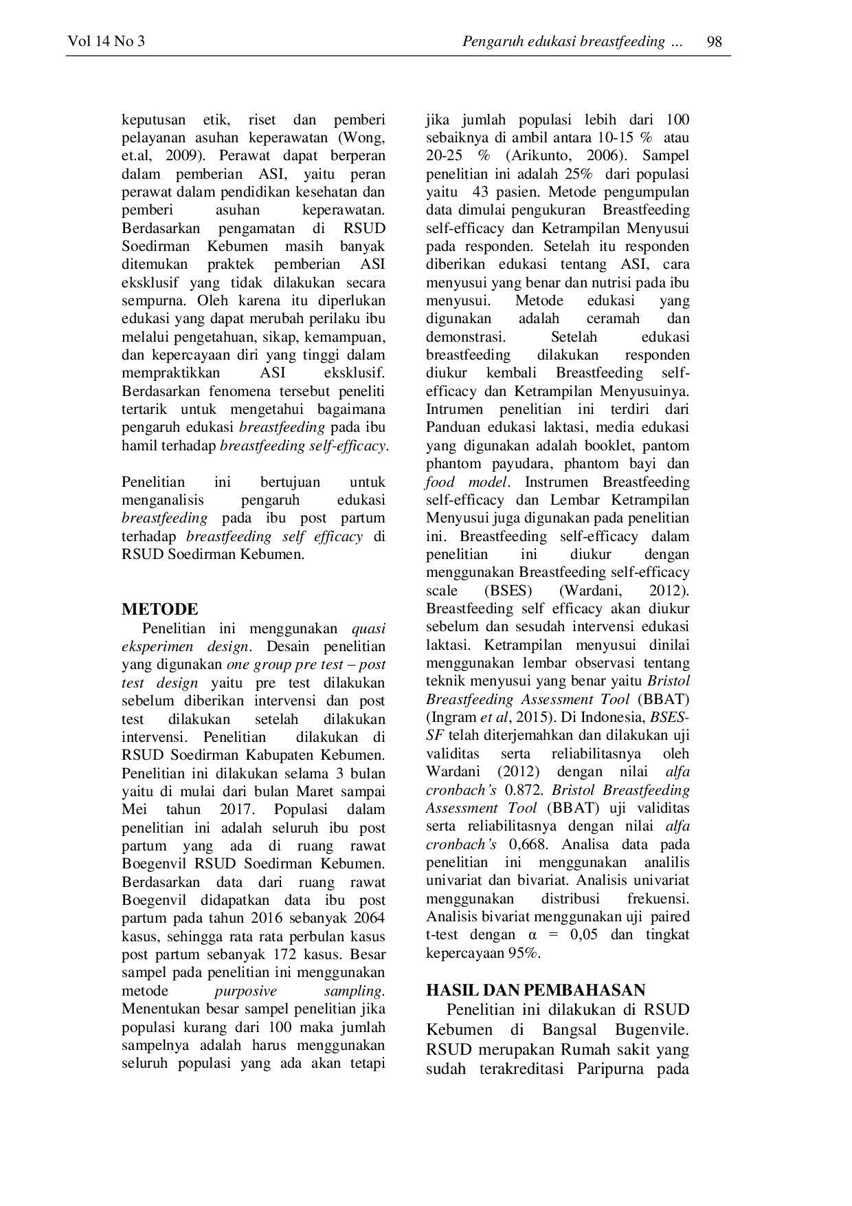 JURIS Pengaruh Edukasi Breastfeeding Ibu Post Partum Terhadap Breastfeeding Self Efficacy