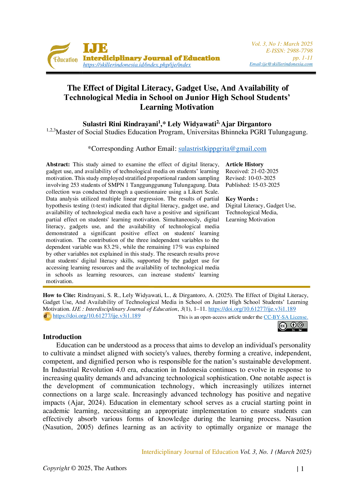 JURIS The Effect of Digital Literacy Gadget Use And Availability of Technological Media in School on Junior High School Students Learning Motivation