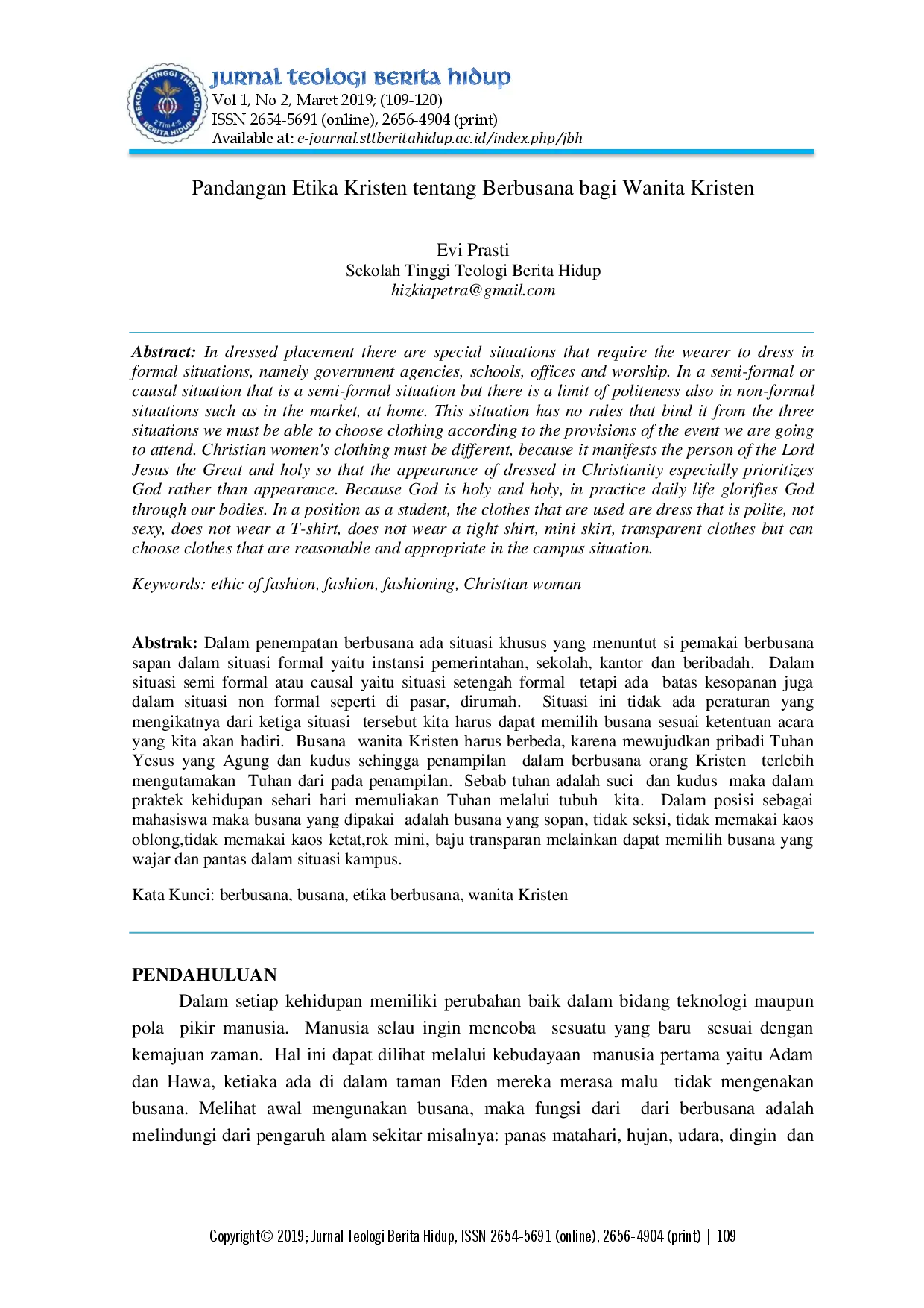 juris Pandangan Etika Kristen Tentang Berbusana Bagi Wanita Kristen