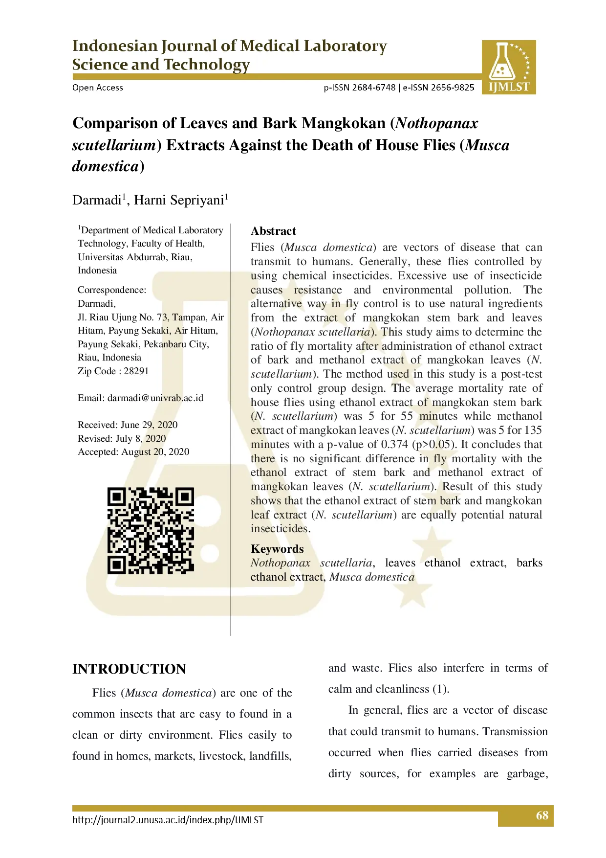 juris COMPARISON OF LEAVES AND BARK MANGKOKAN Nothopanax scutellarium EXTRACTS AGAINST THE DEATH OF HOUSE FLIES Musca domestica