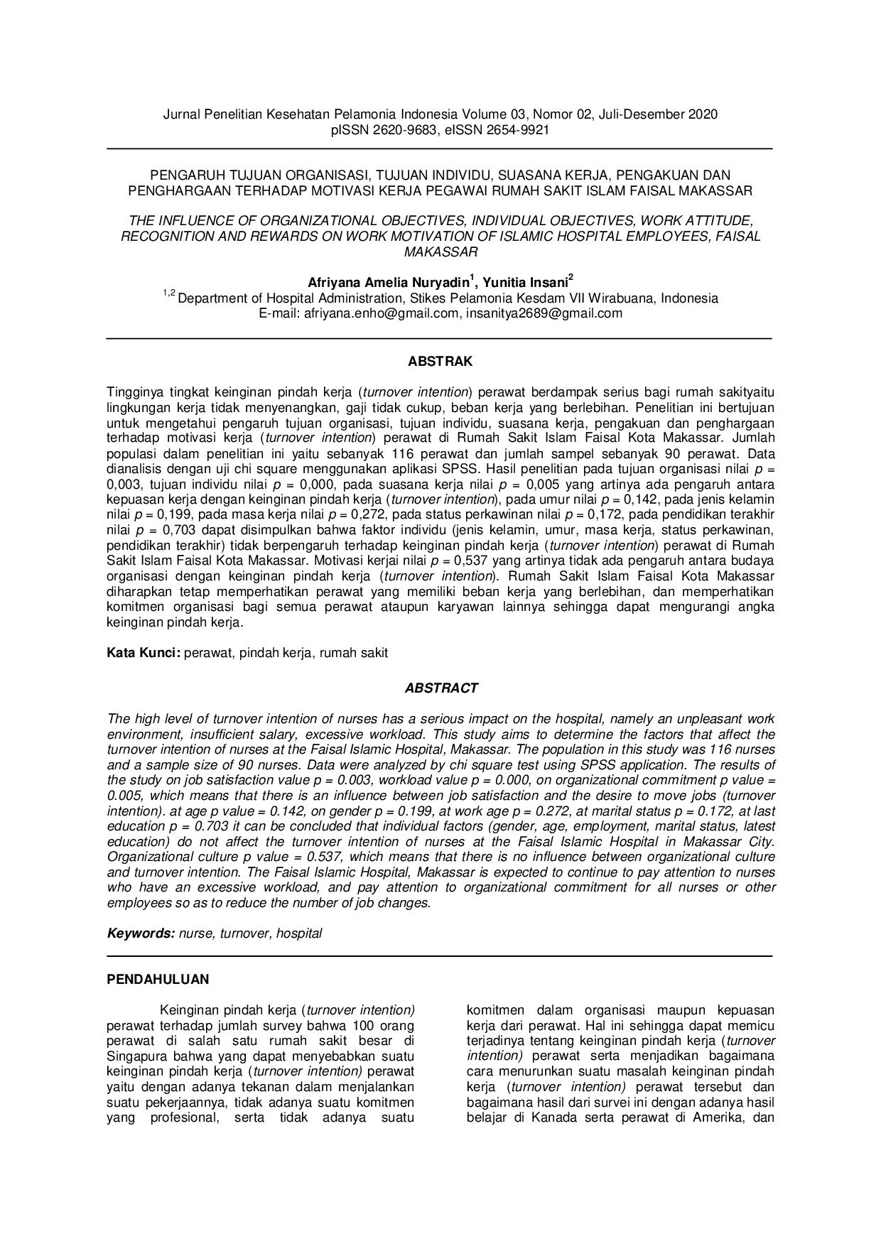 JURIS Pengaruh Tujuan Organisasi Tujuan Individu Suasana Kerja Pengakuan Dan Penghargaan Terhadap Motivasi Kerja Pegawai Rumah Sakit Islam Faisal Makassar