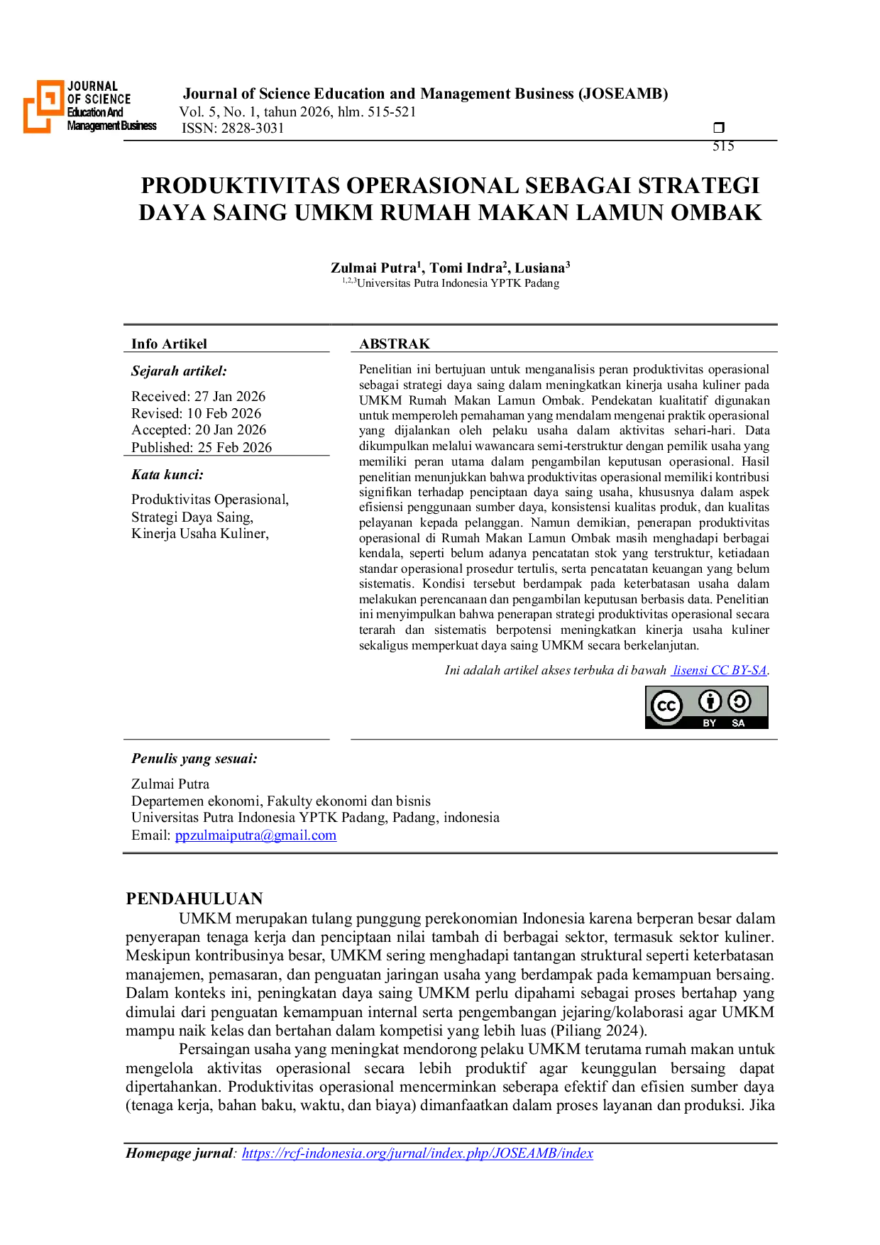 JURIS Produktivitas Operasional Sebagai Strategi Daya Saing UMKM Rumah Makan Lamun Ombak