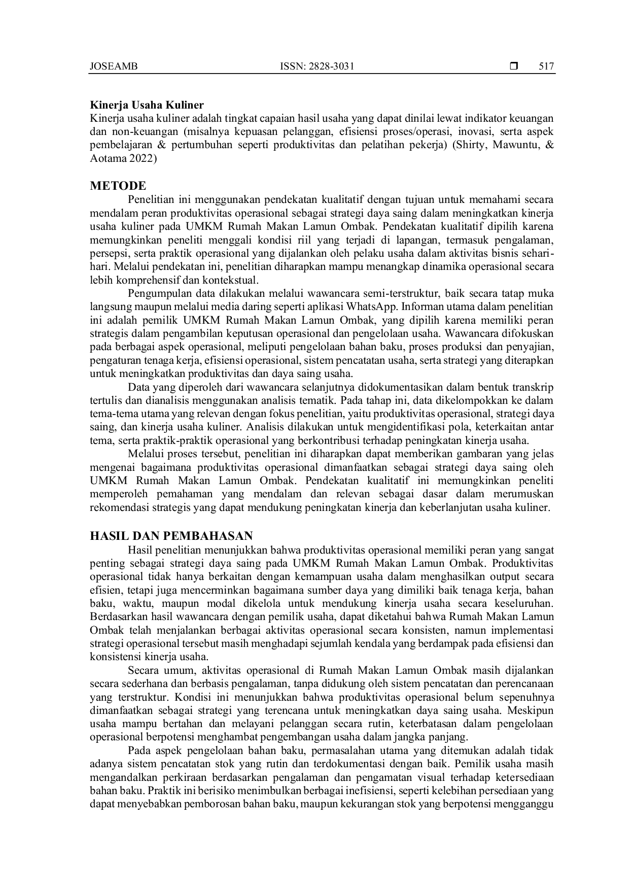 JURIS Produktivitas Operasional Sebagai Strategi Daya Saing UMKM Rumah Makan Lamun Ombak