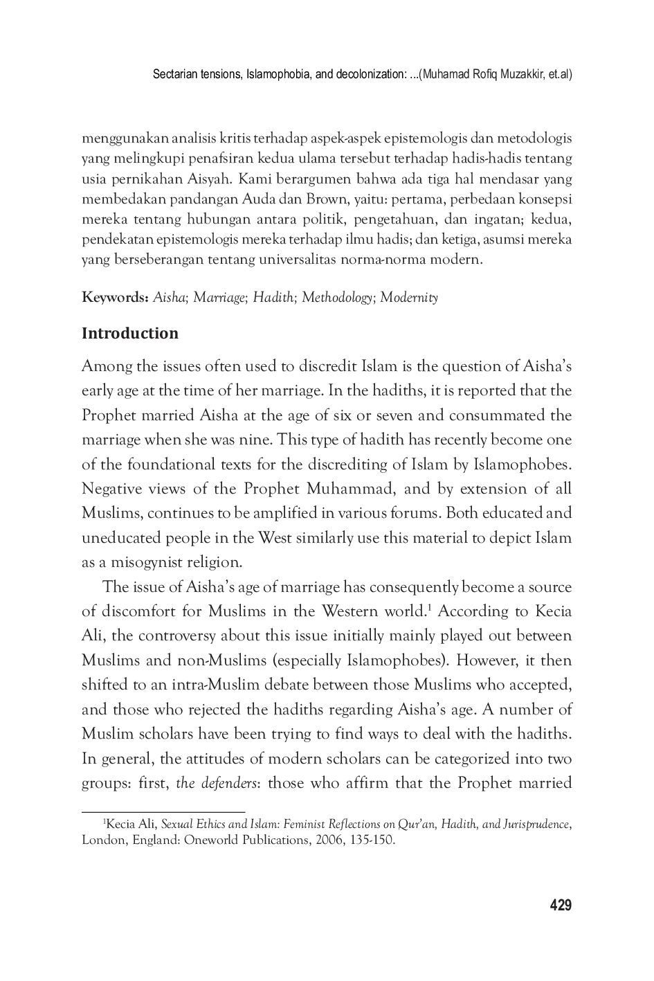 JURIS Sectarian tensions islamophobia and decolonization comparing Jasser Auda s and Jonathan Brown s analysis of the hadiths concerning Aisha s marital age