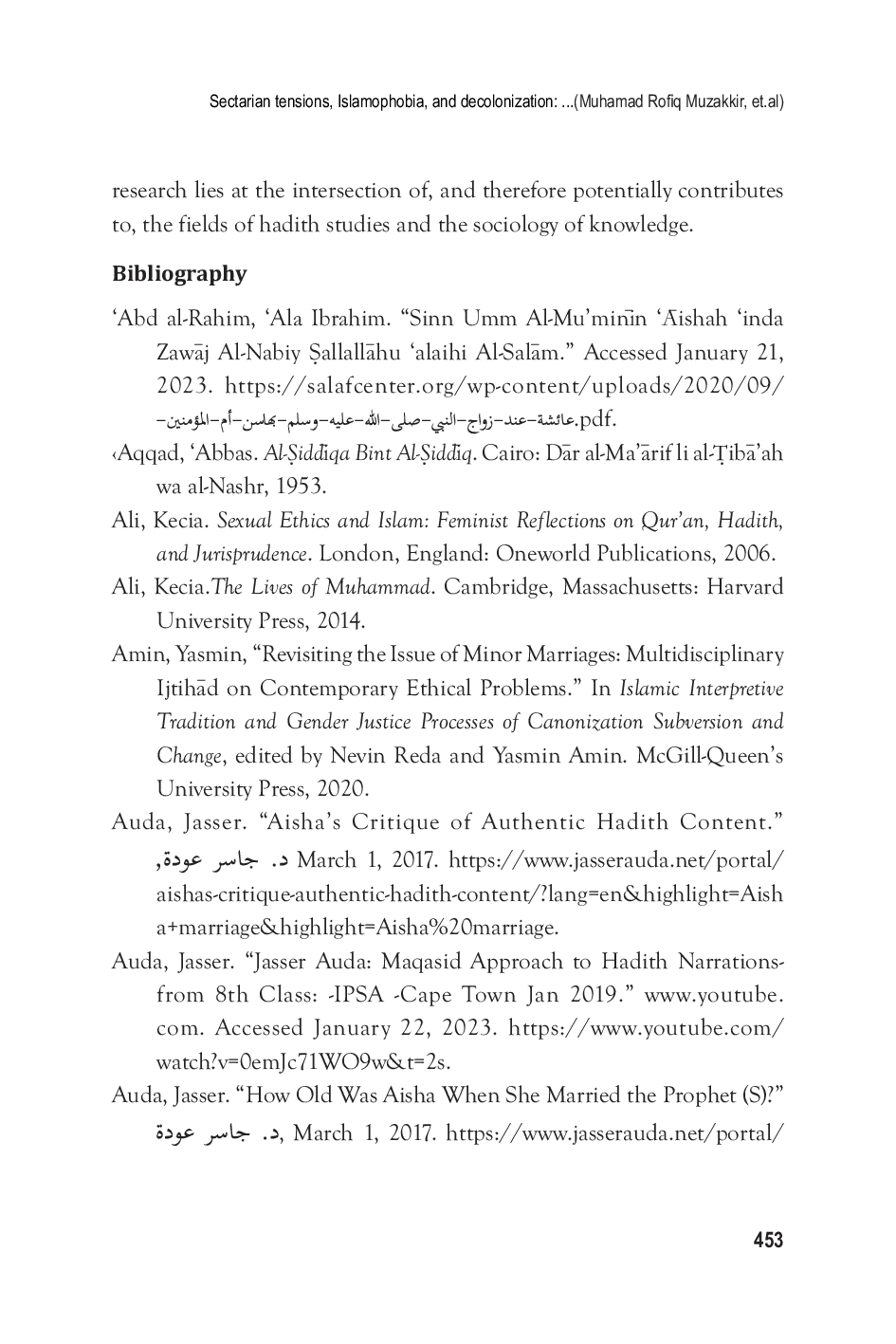 JURIS Sectarian tensions islamophobia and decolonization comparing Jasser Auda s and Jonathan Brown s analysis of the hadiths concerning Aisha s marital age