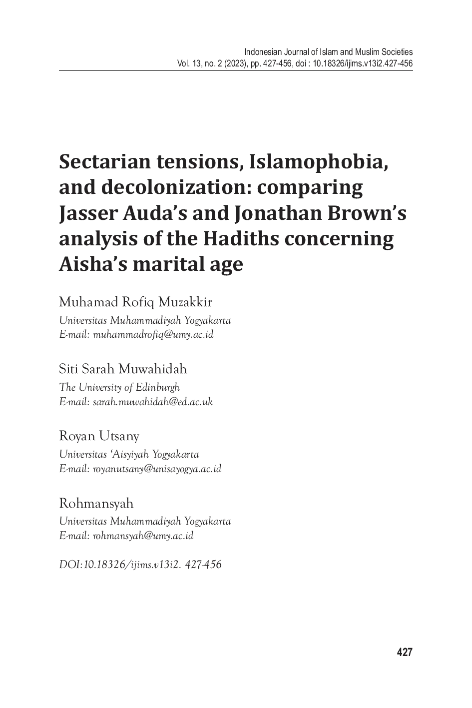 JURIS Sectarian tensions islamophobia and decolonization comparing Jasser Auda s and Jonathan Brown s analysis of the hadiths concerning Aisha s marital age