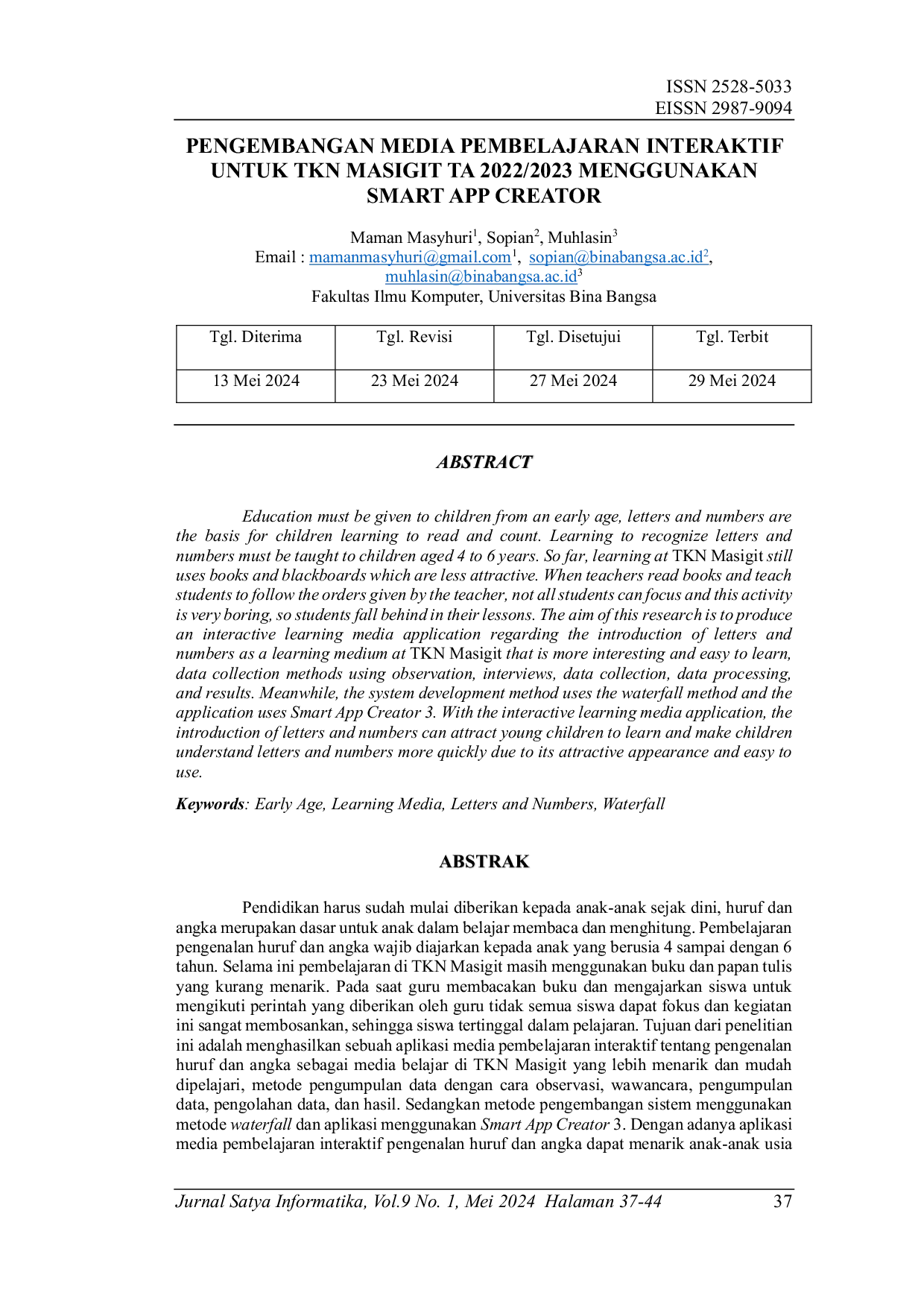 JURIS Pengembangan Media Pembelajaran Interaktif untuk TKN Masigit TA 2022 2023 Menggunakan Smart App Creator