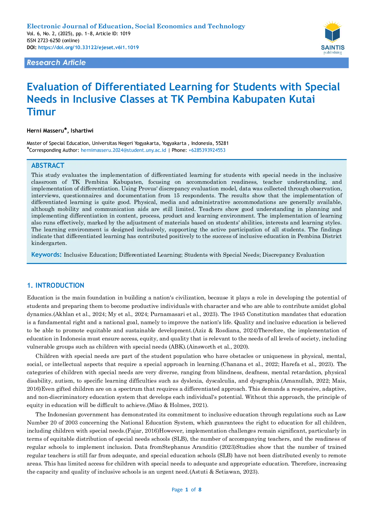 JURIS Evaluation of Differentiated Learning for Students with Special Needs in Inclusive Classes at TK Pembina Kabupaten Kutai Timur