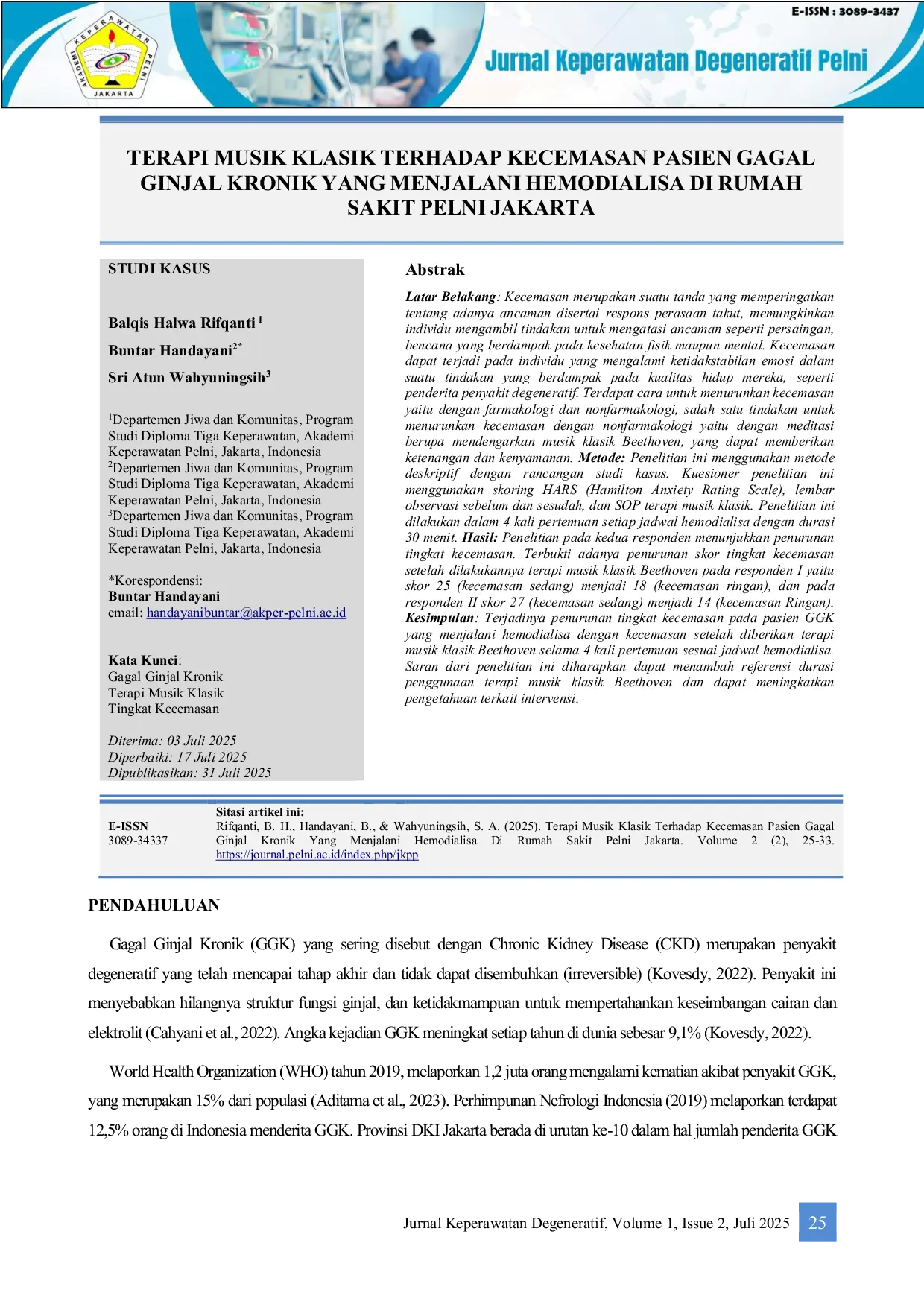 JURIS Terapi Musik Klasik Terhadap Kecemasan Pasien Gagal Ginjal Kronik Yang Menjalani Hemodialisa Di Rumah Sakit Pelni Jakarta