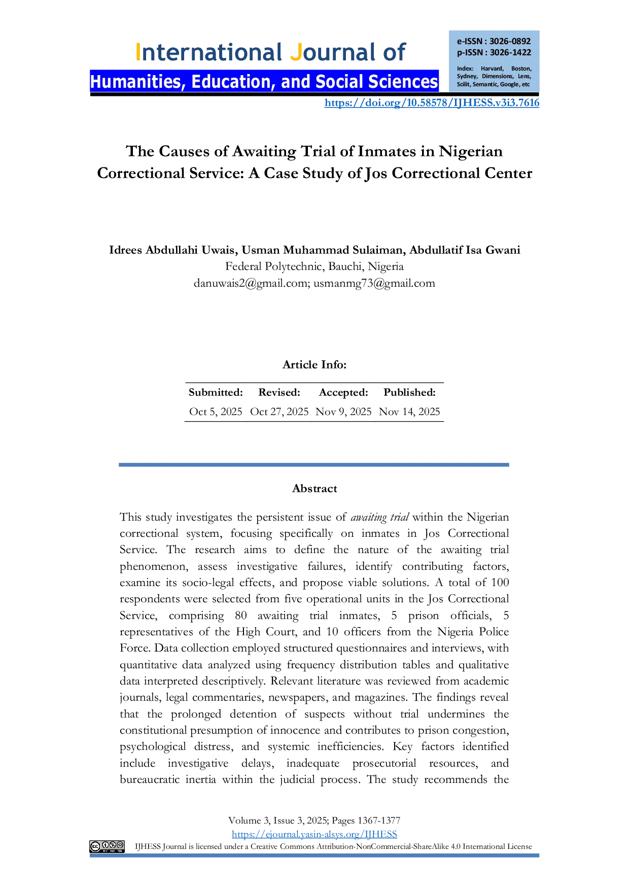 JURIS The Causes of Awaiting Trial of Inmates in Nigerian Correctional Service A Case Study of Jos Correctional Center