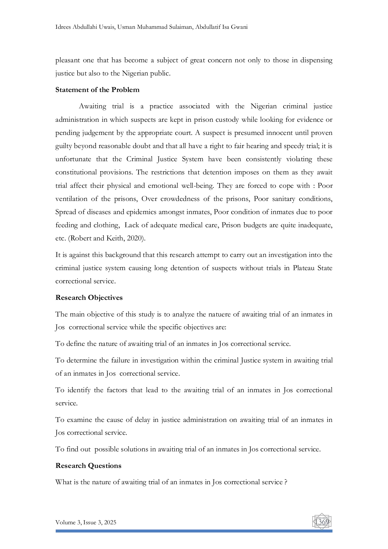 JURIS The Causes of Awaiting Trial of Inmates in Nigerian Correctional Service A Case Study of Jos Correctional Center