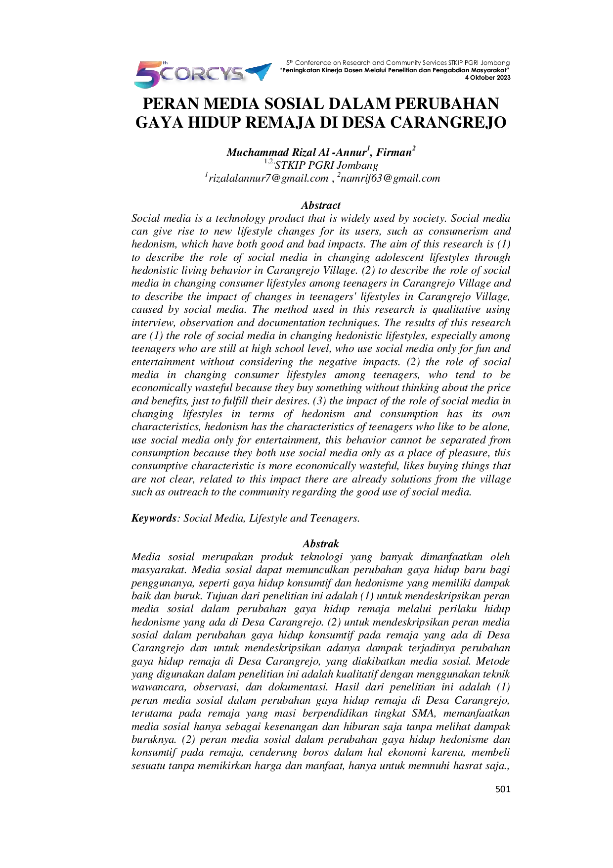 JURIS Peran Media Sosial dalam Perubahan Gaya Hidup Remaja di Desa Carangrejo