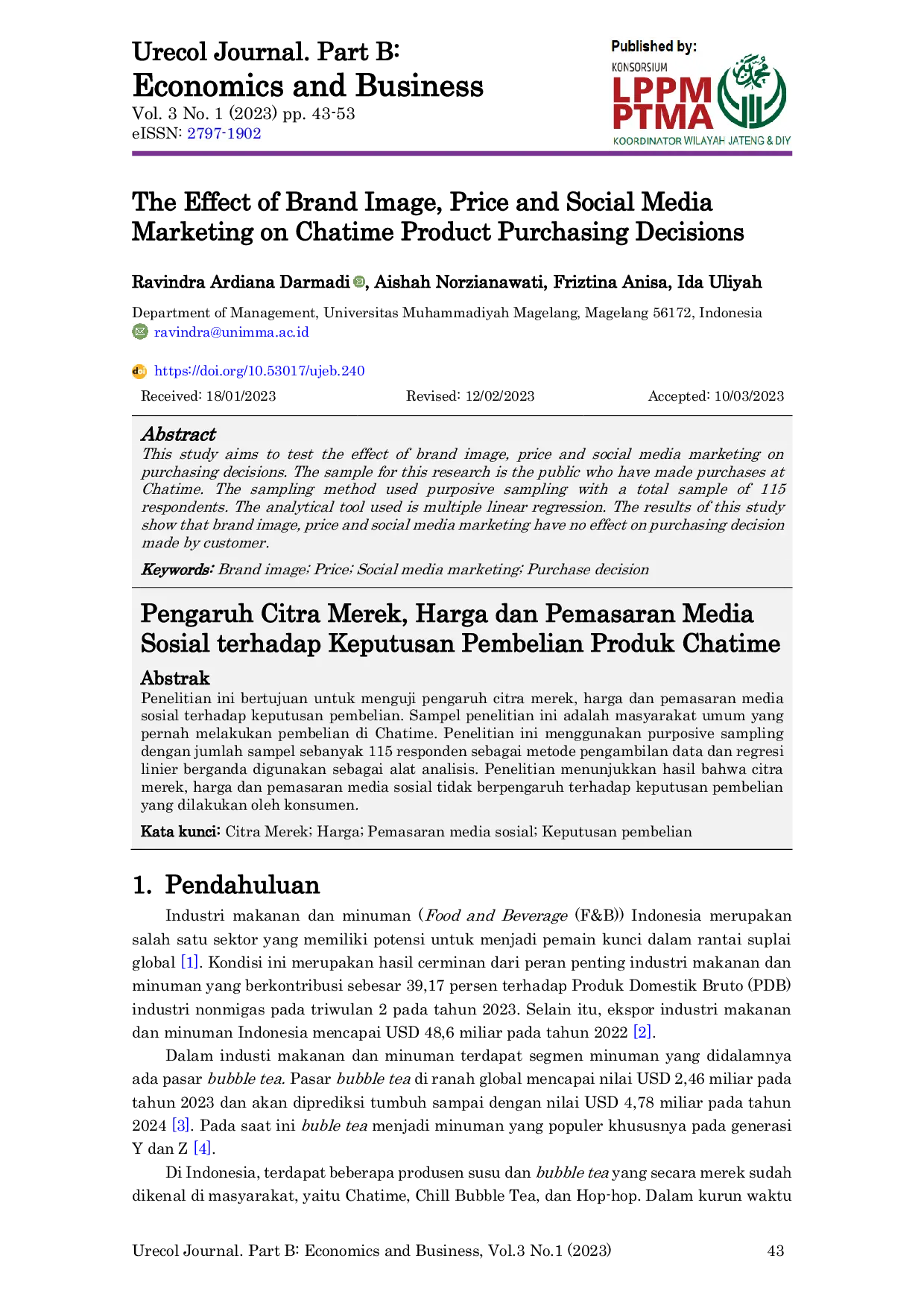 JURIS The Effect of Brand Image Price and Social Media Marketing on Chatime Product Purchasing Decisions