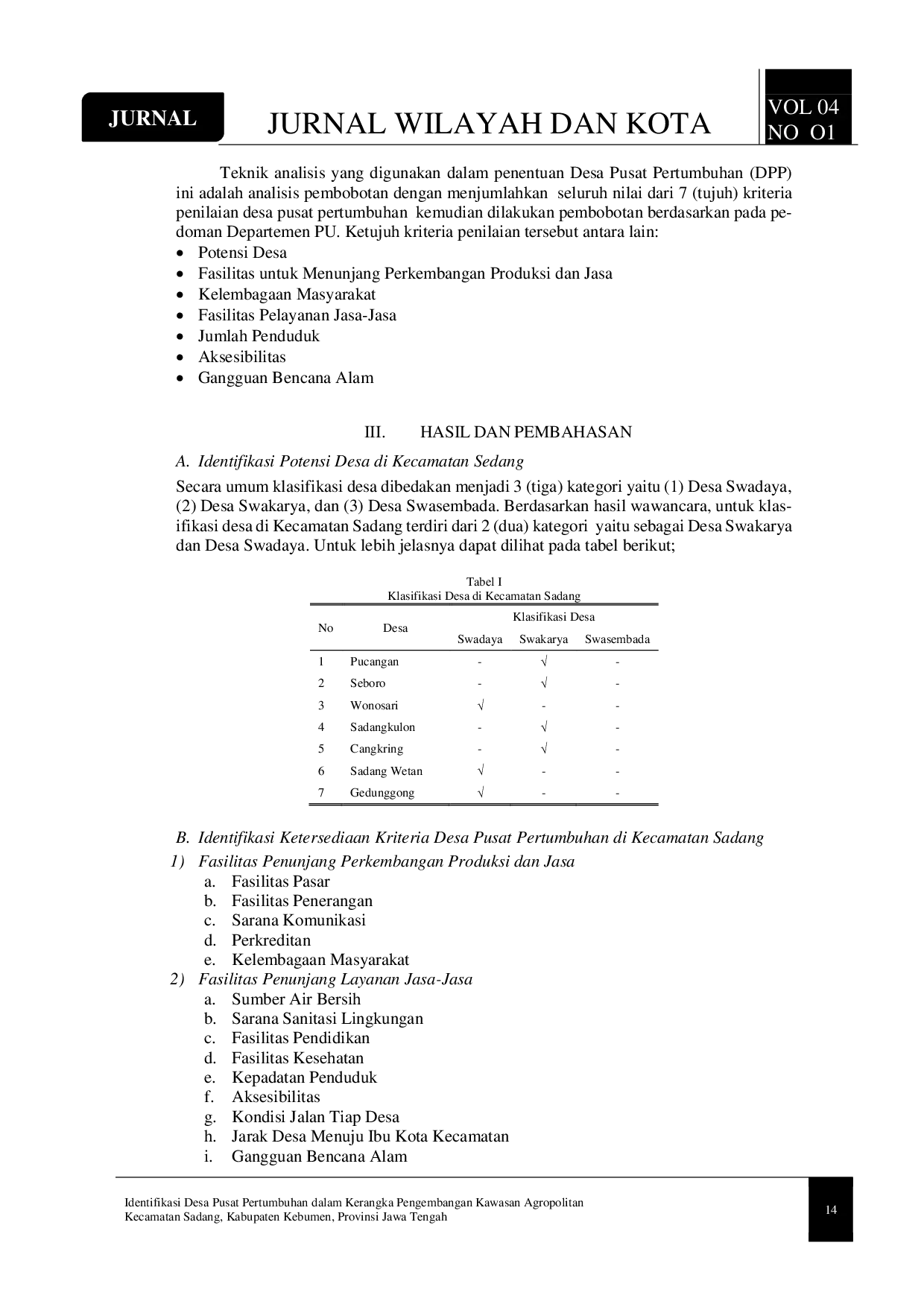 JURIS Identifikasi Desa Pusat Pertumbuhan dalam Kerangka Pengembangan Kawasan Agropolitan Kecamatan Sadang Kabupaten Kebumen Provinsi Jawa Tengah