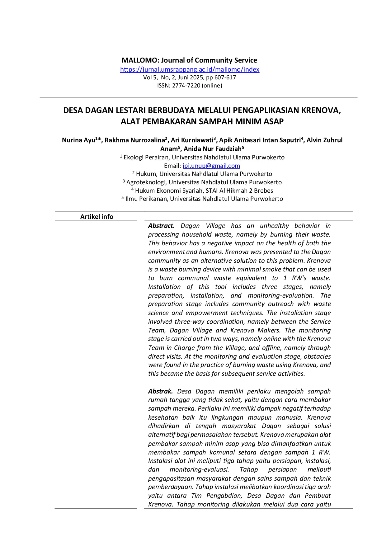 JURIS Desa Dagan Lestari Berbudaya Melalui Pengaplikasian Krenova Alat Pembakaran Sampah Minim Asap