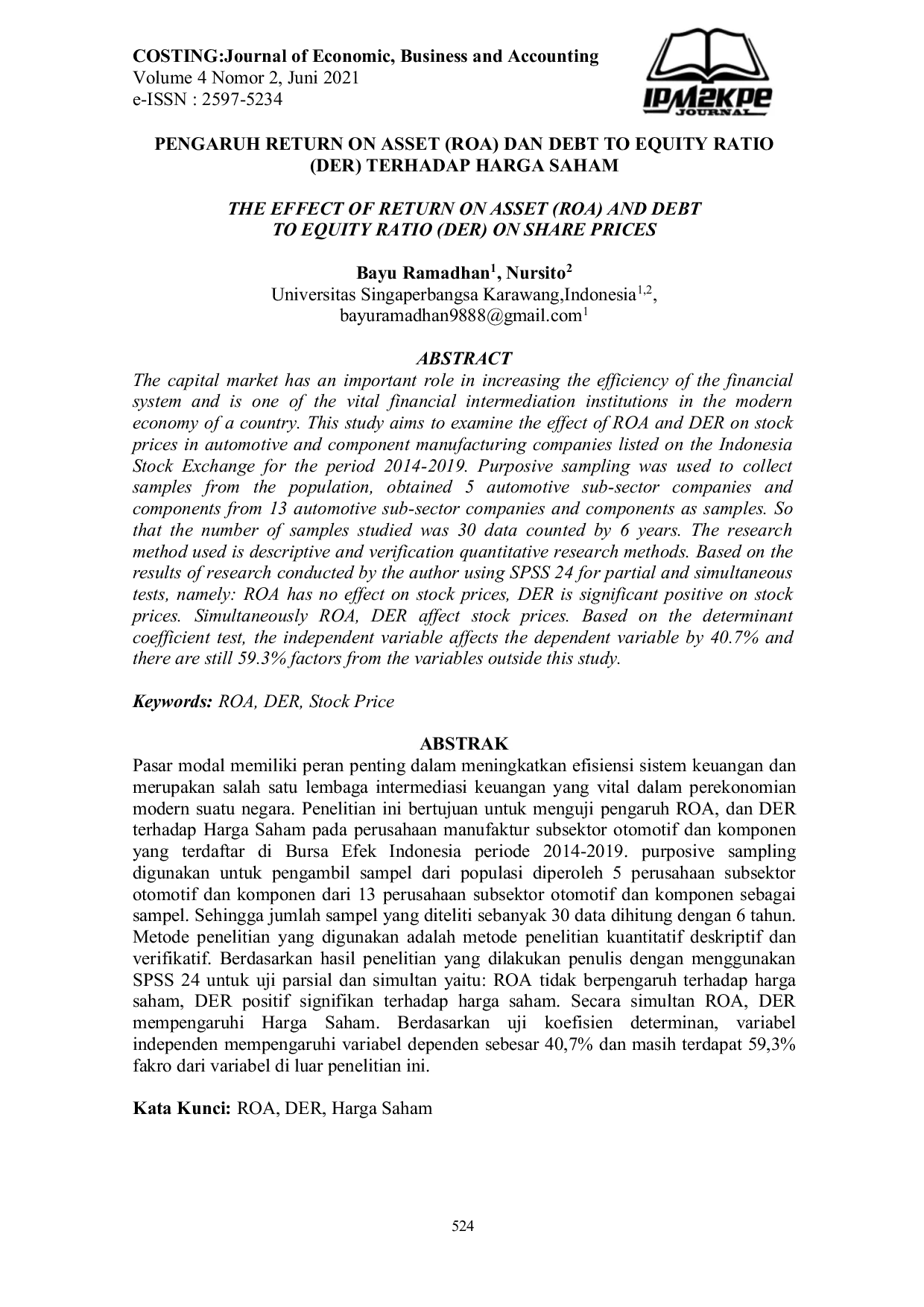 JURIS Pengaruh Return On Asset ROA dan Debt To Equity Ratio DER Terhadap Harga Saham