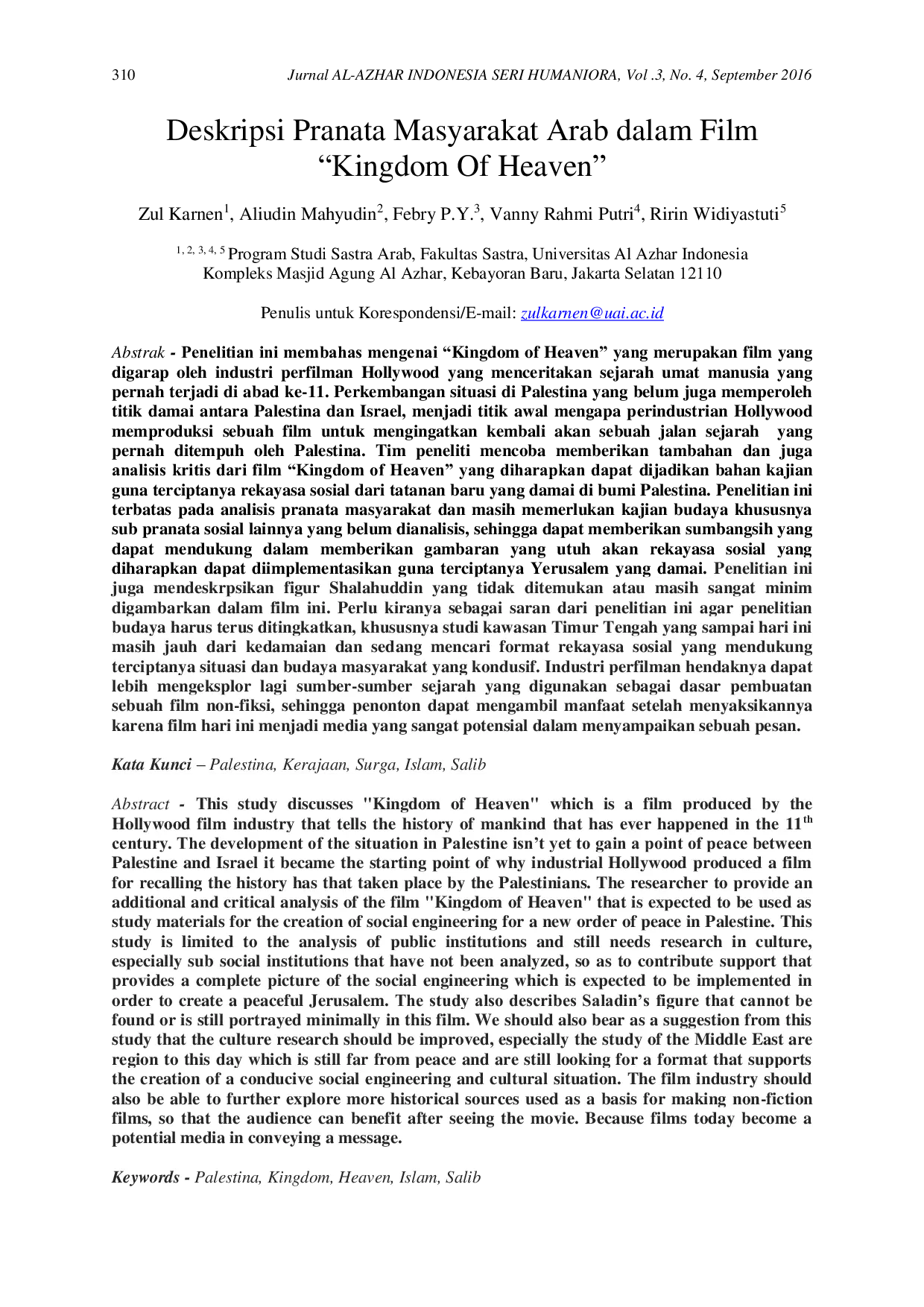 JURIS Deskripsi Pranata Masyarakat Arab dalam Film Kingdom Of Heaven Ay